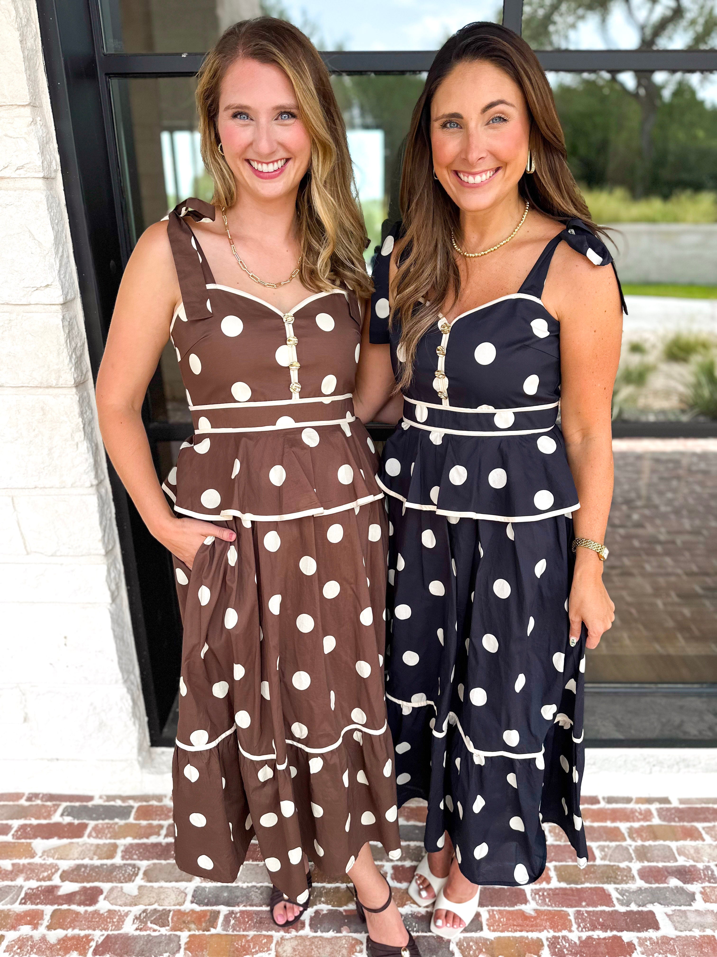 Polka Dot Peplum Midi Dress - Black-500 Midi-ENTRO-July & June Women's Fashion Boutique Located in San Antonio, Texas