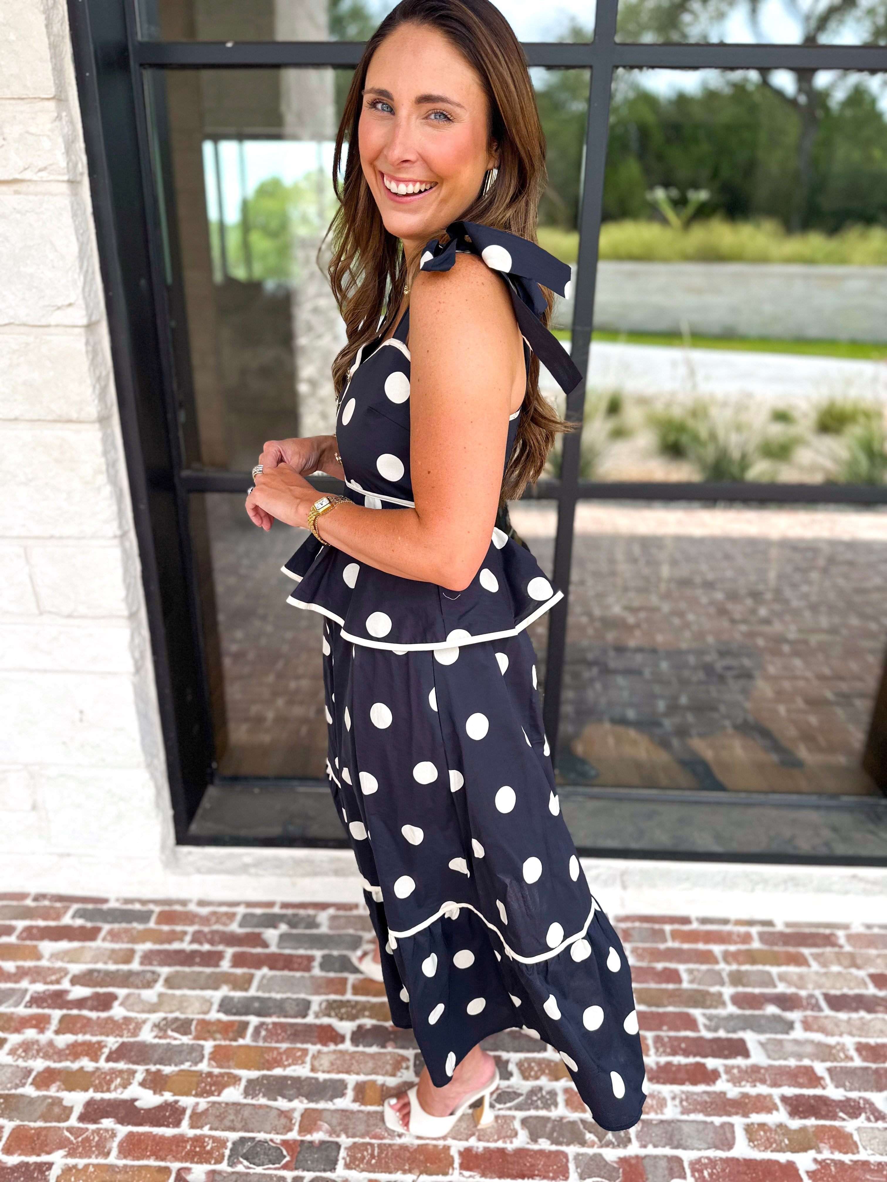 Polka Dot Peplum Midi Dress - Black-500 Midi-ENTRO-July & June Women's Fashion Boutique Located in San Antonio, Texas