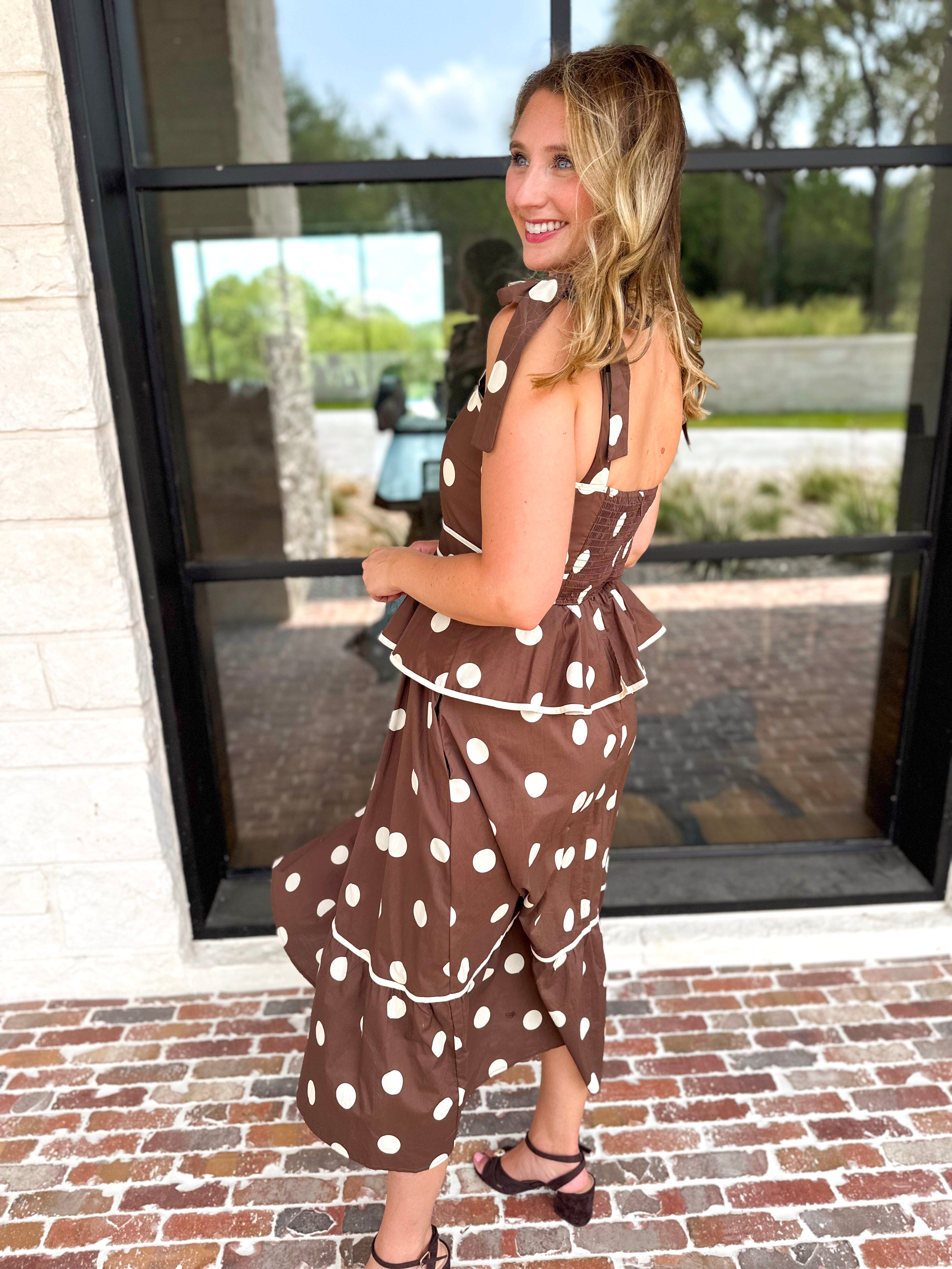 Polka Dot Peplum Midi Dress - Brown-500 Midi-ENTRO-July & June Women's Fashion Boutique Located in San Antonio, Texas
