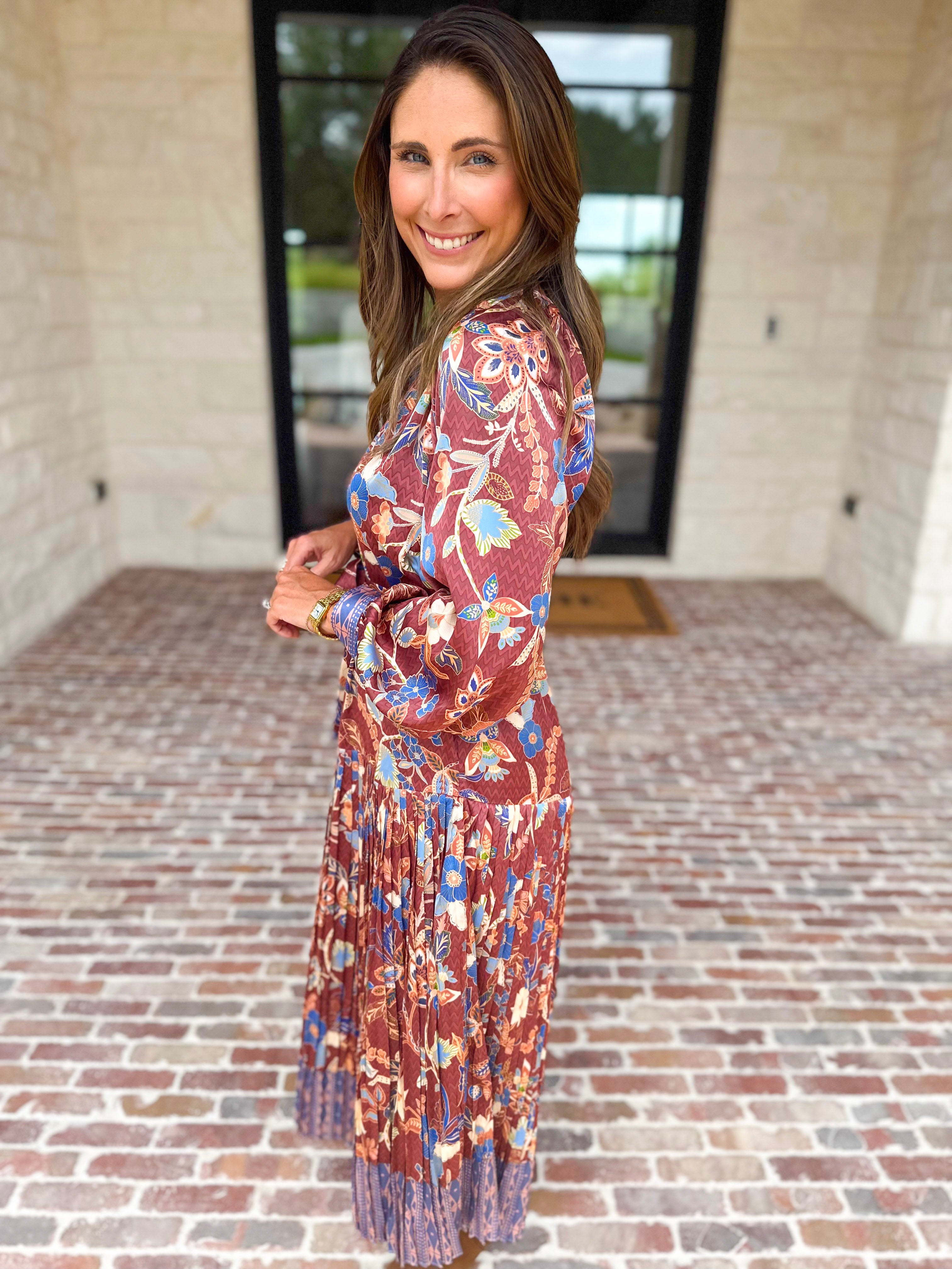 Current Air - Fall Gardens Midi Dress-500 Midi-CURRENT AIR CLOTHING-July & June Women's Fashion Boutique Located in San Antonio, Texas