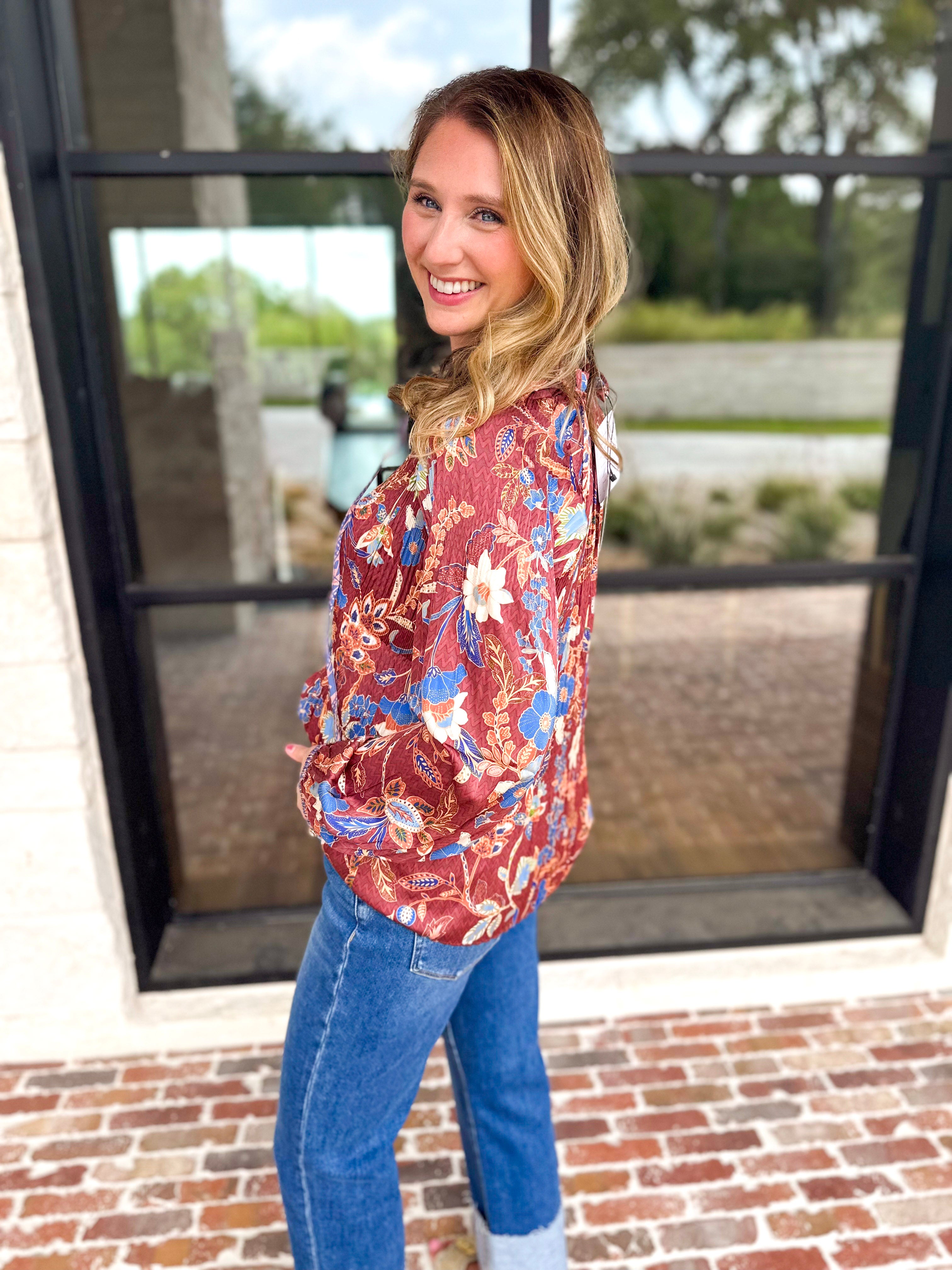 Current Air - Fall Gardens Blouse-200 Fashion Blouses-CURRENT AIR CLOTHING-July & June Women's Fashion Boutique Located in San Antonio, Texas