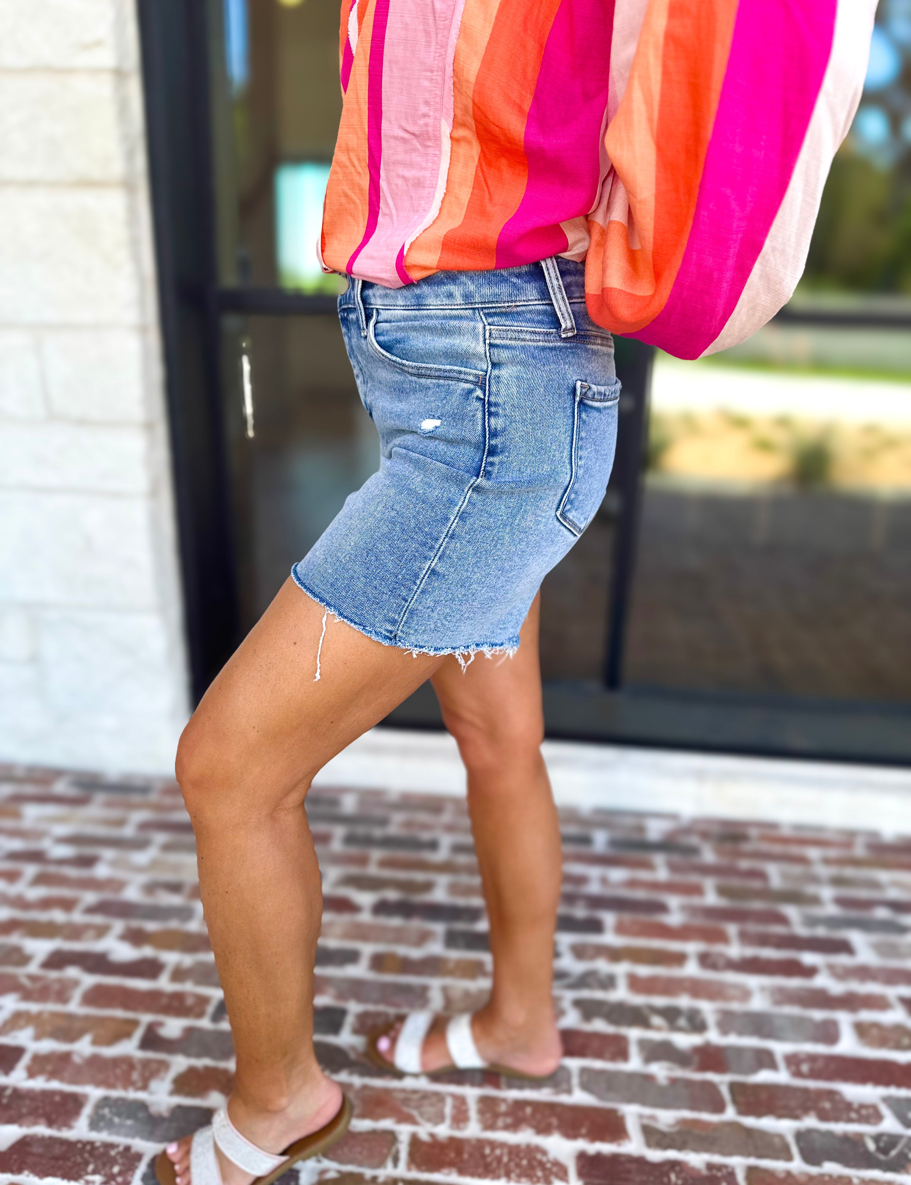 Vervet - High Rise Midi Medium Wash Short-400 Pants-VEVERT BY FLYING MONKEY-July & June Women's Fashion Boutique Located in San Antonio, Texas