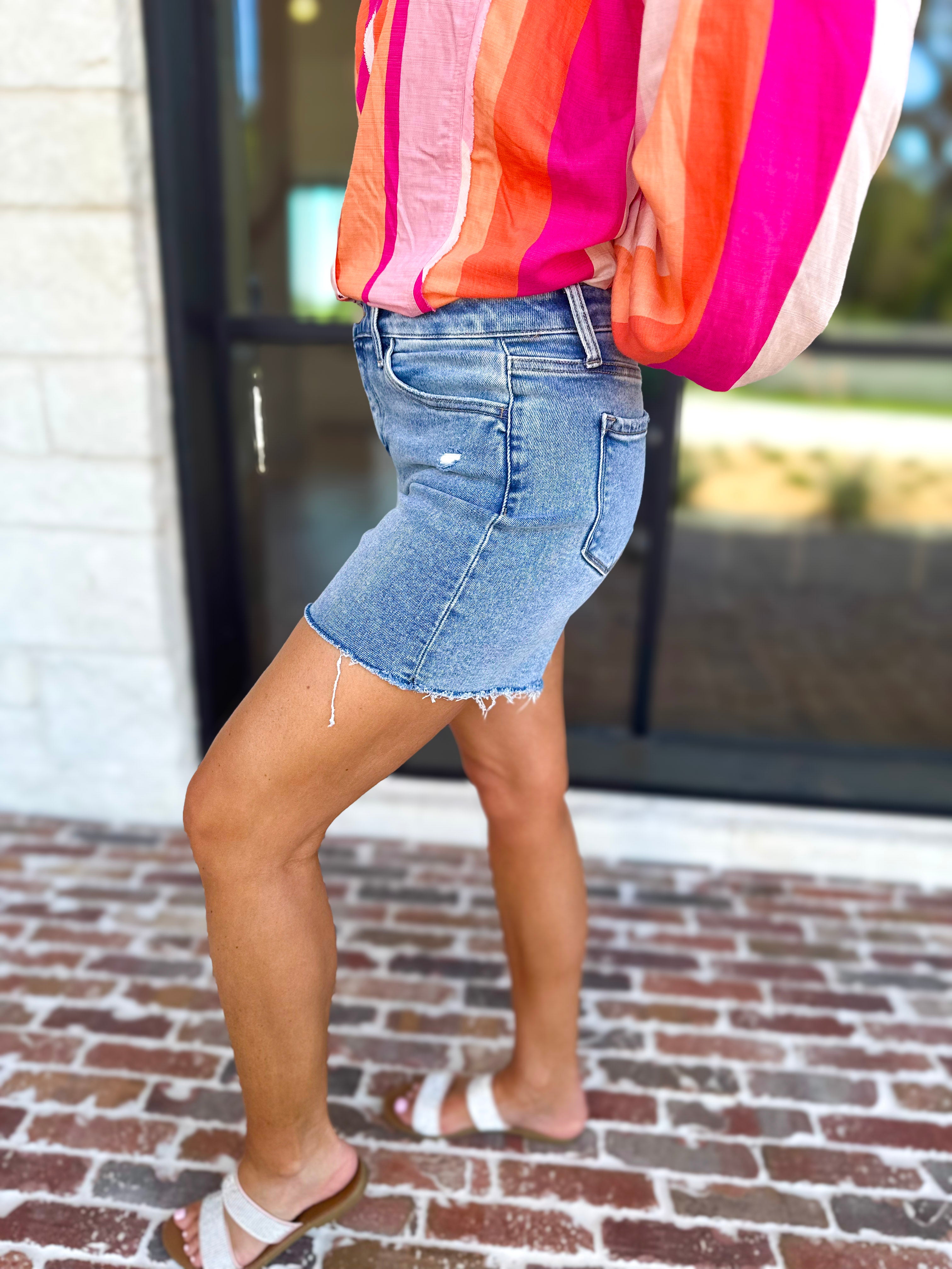 Vervet - High Rise Midi Medium Wash Short-400 Pants-VEVERT BY FLYING MONKEY-July & June Women's Fashion Boutique Located in San Antonio, Texas