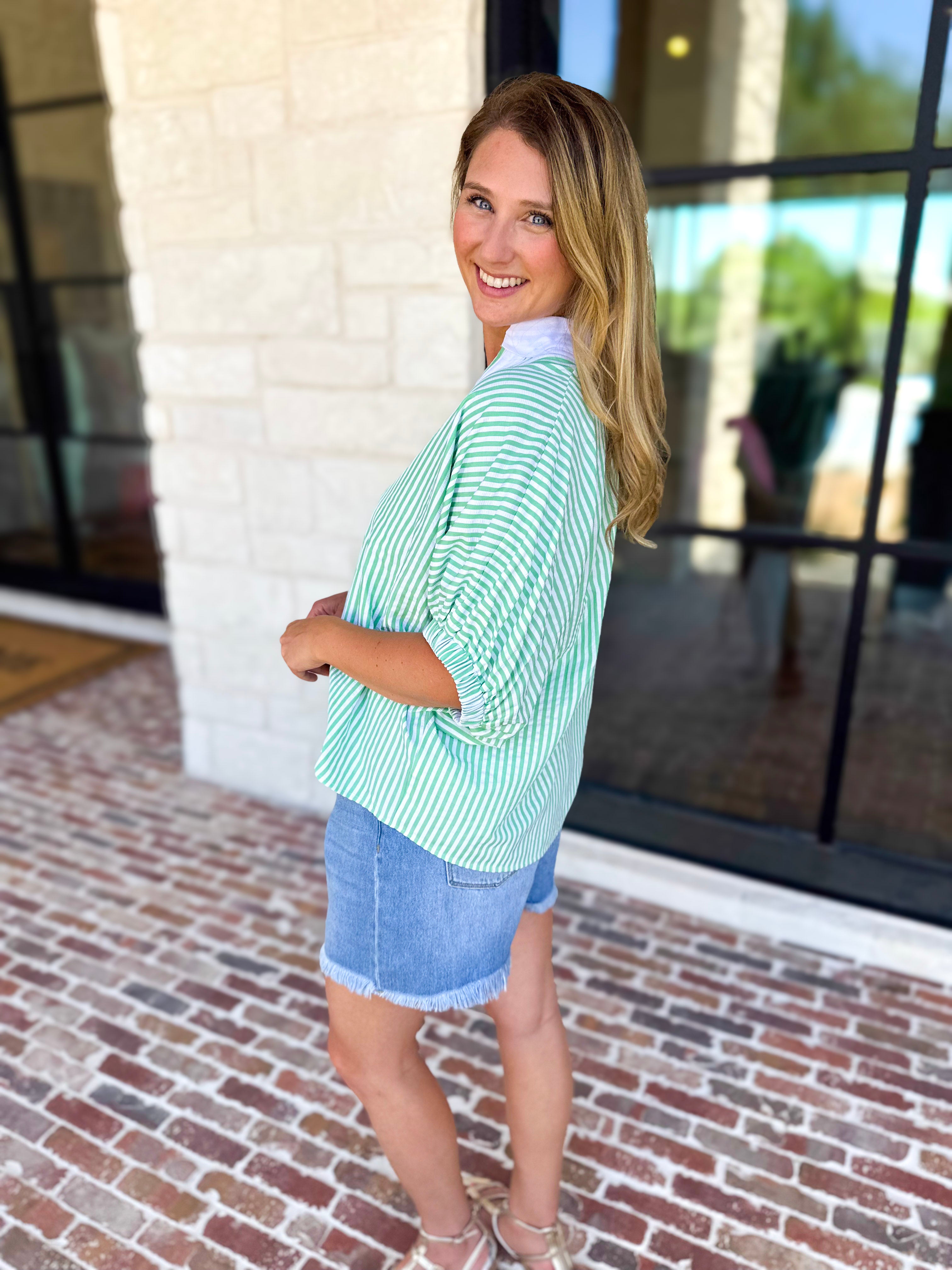 Seersucker Sweet Blouse - Light Green-200 Fashion Blouses-ENTRO-July & June Women's Fashion Boutique Located in San Antonio, Texas