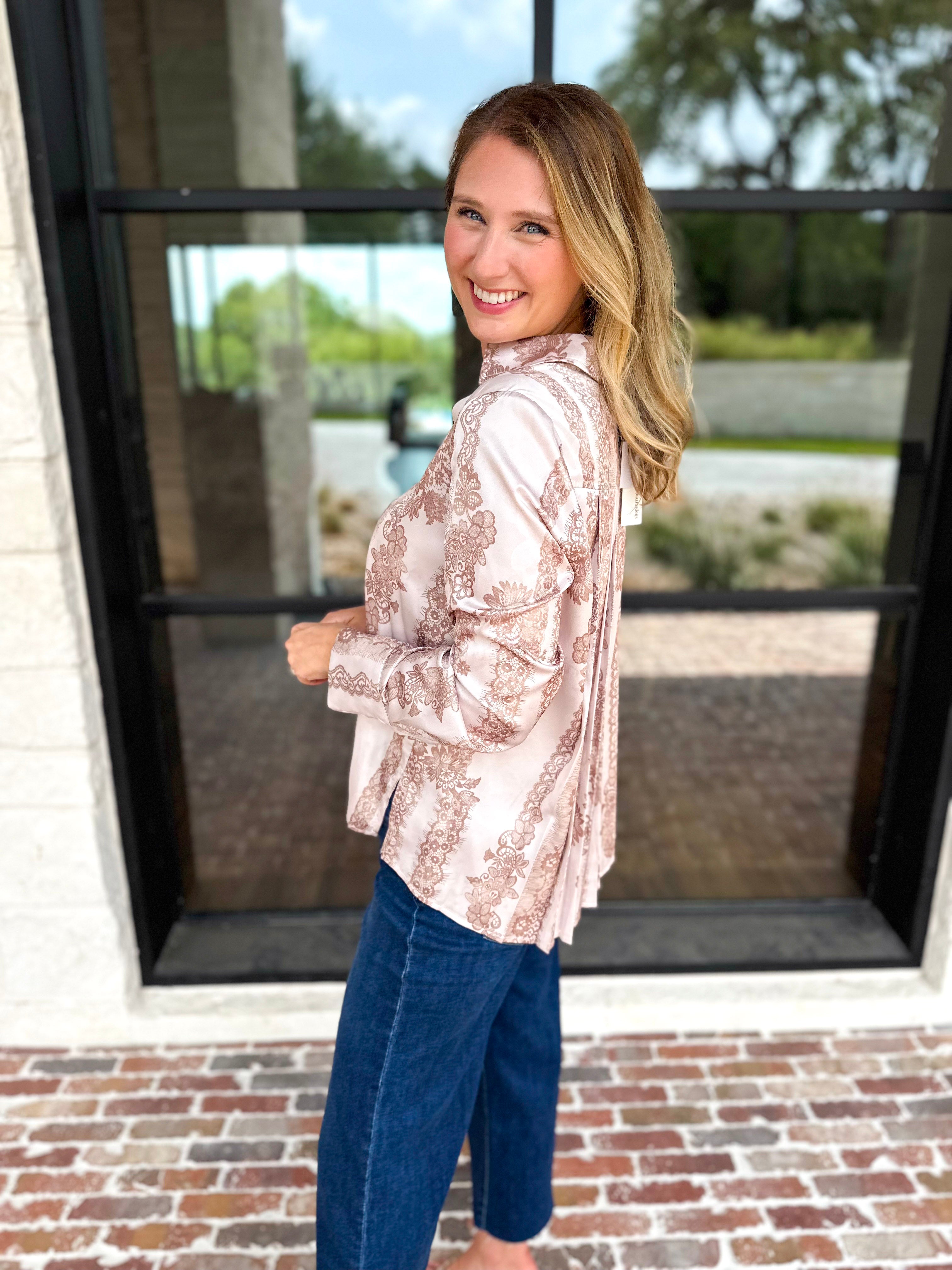Current Air - Rosé Satin Button Down Blouse-200 Fashion Blouses-CURRENT AIR CLOTHING-July & June Women's Fashion Boutique Located in San Antonio, Texas