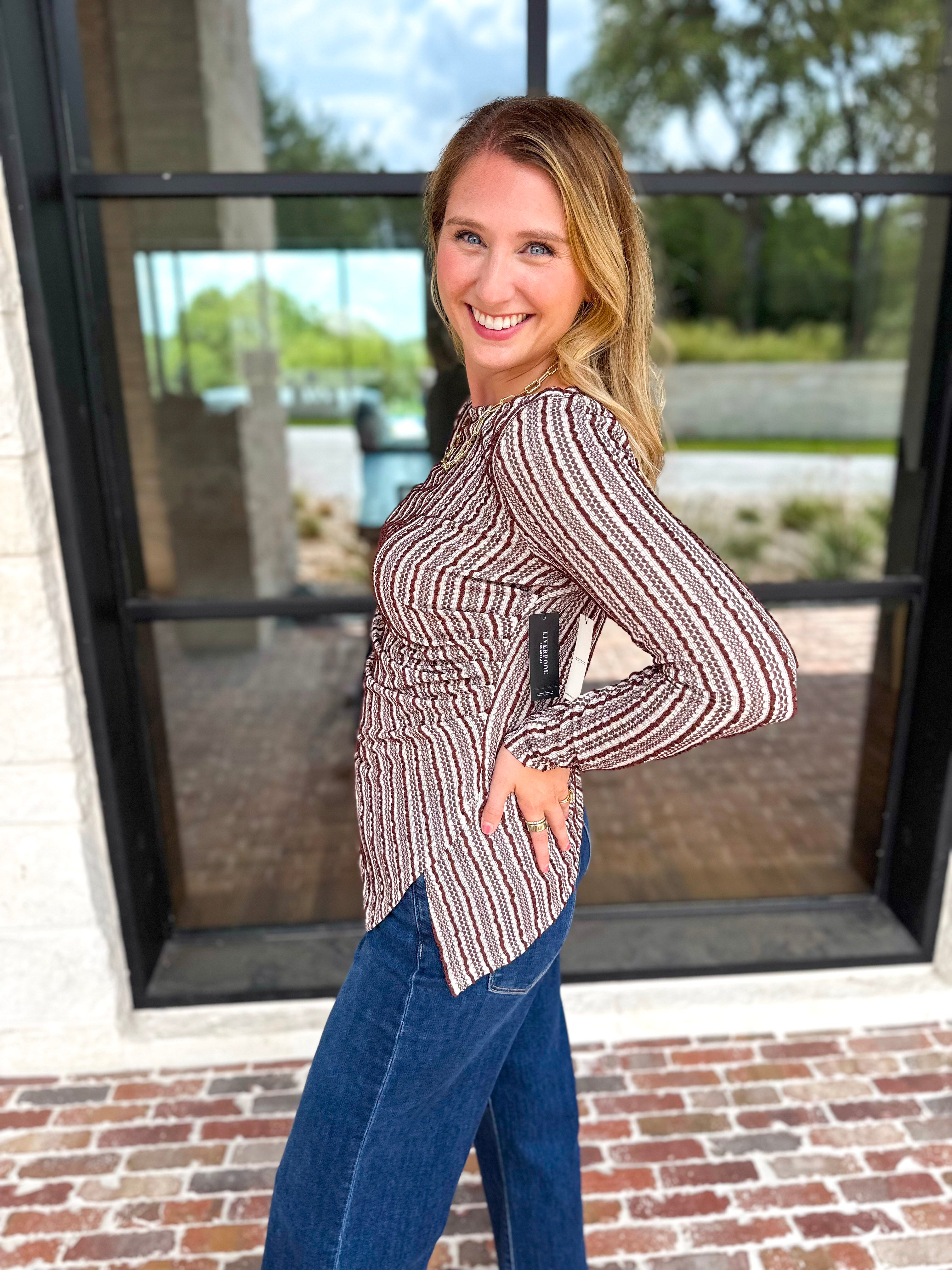 Liverpool - Asymmetrical Striped Blouse-200 Fashion Blouses-LIVERPOOL JEANS COMPANY-July & June Women's Fashion Boutique Located in San Antonio, Texas
