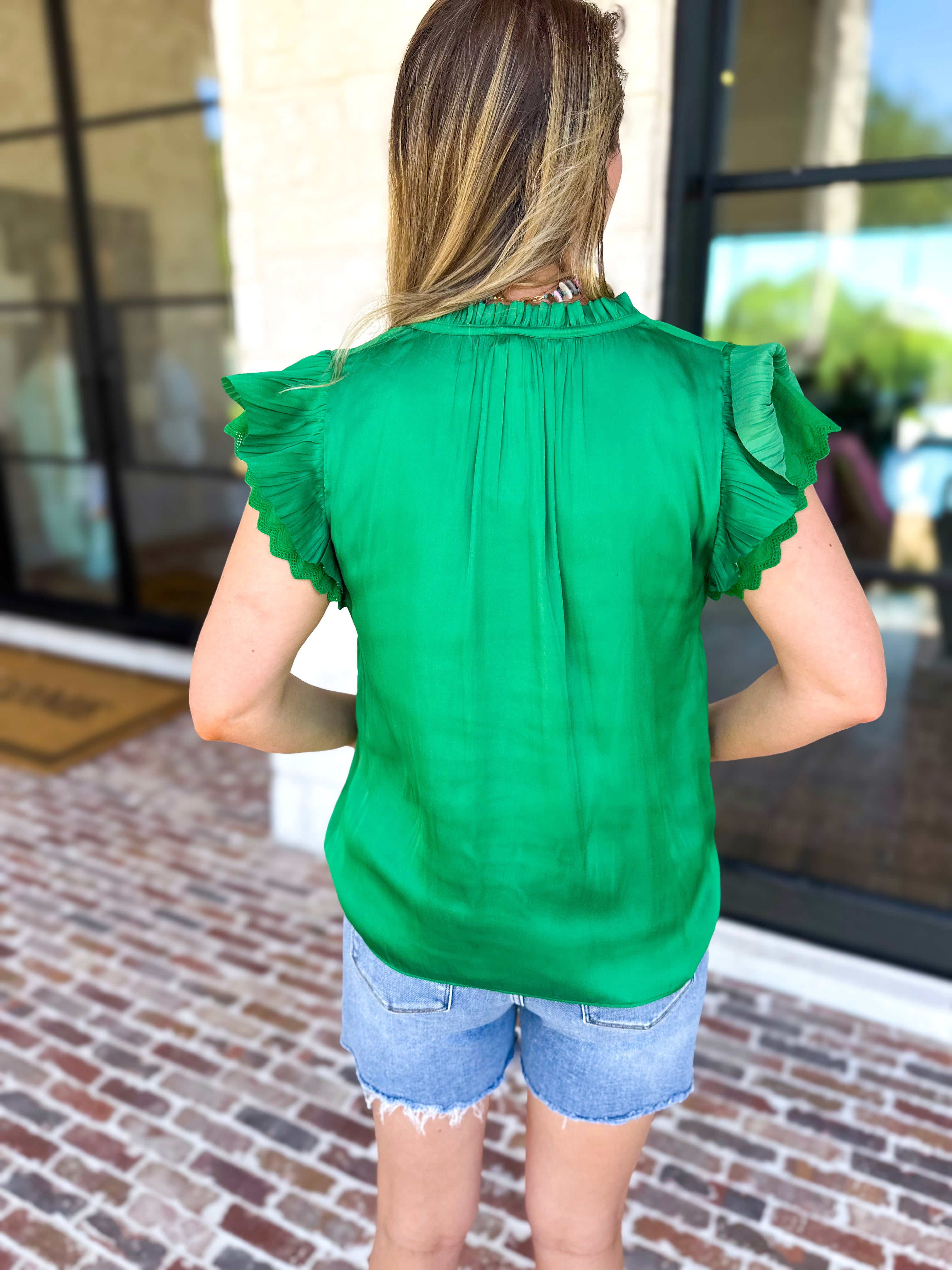 Current Air - Kelly Green Crochet Details Blouse-200 Fashion Blouses-CURRENT AIR CLOTHING-July & June Women's Fashion Boutique Located in San Antonio, Texas