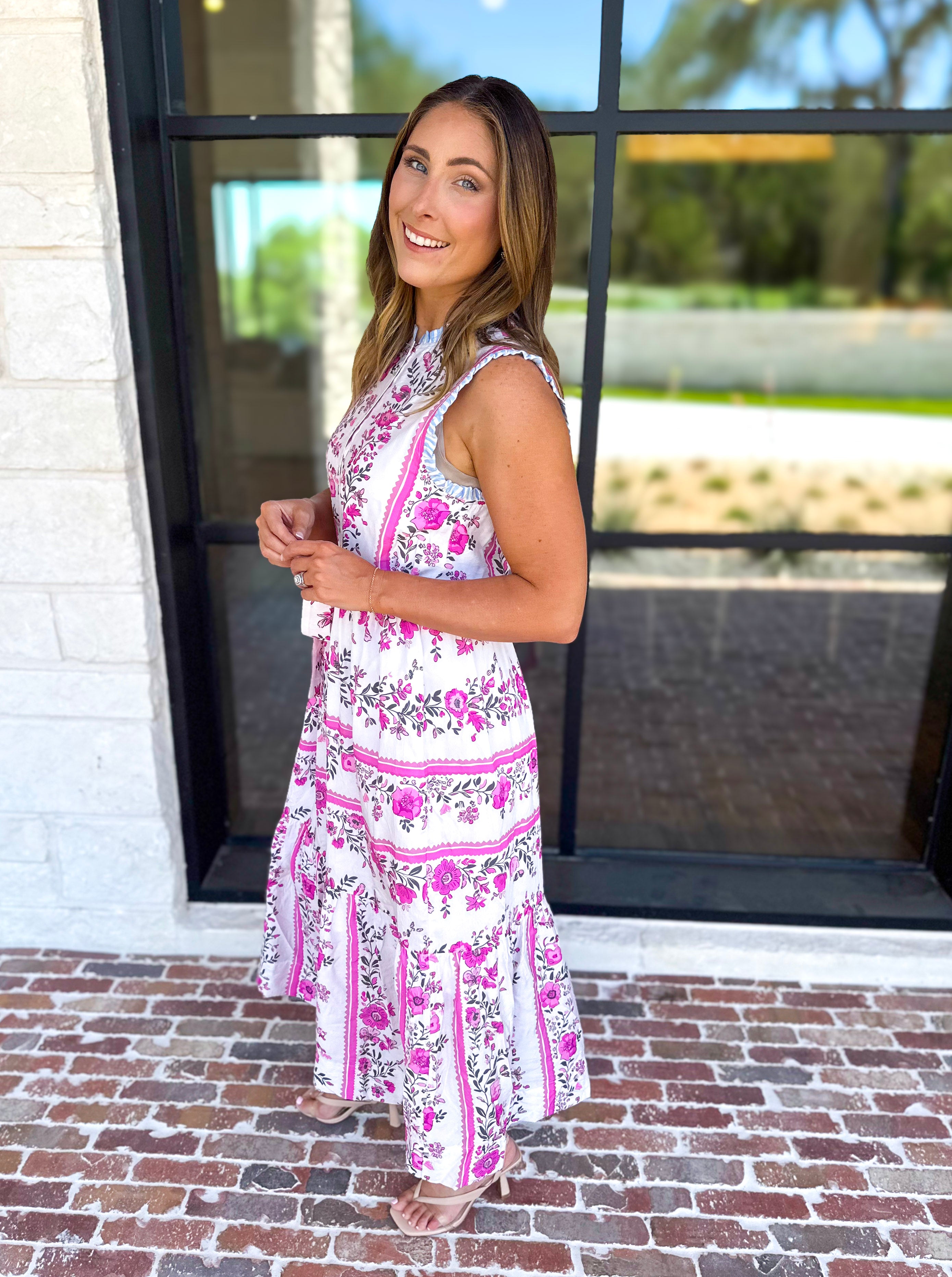 THML - Lillian Pink Floral Midi Dress-500 Midi-THML-July & June Women's Fashion Boutique Located in San Antonio, Texas