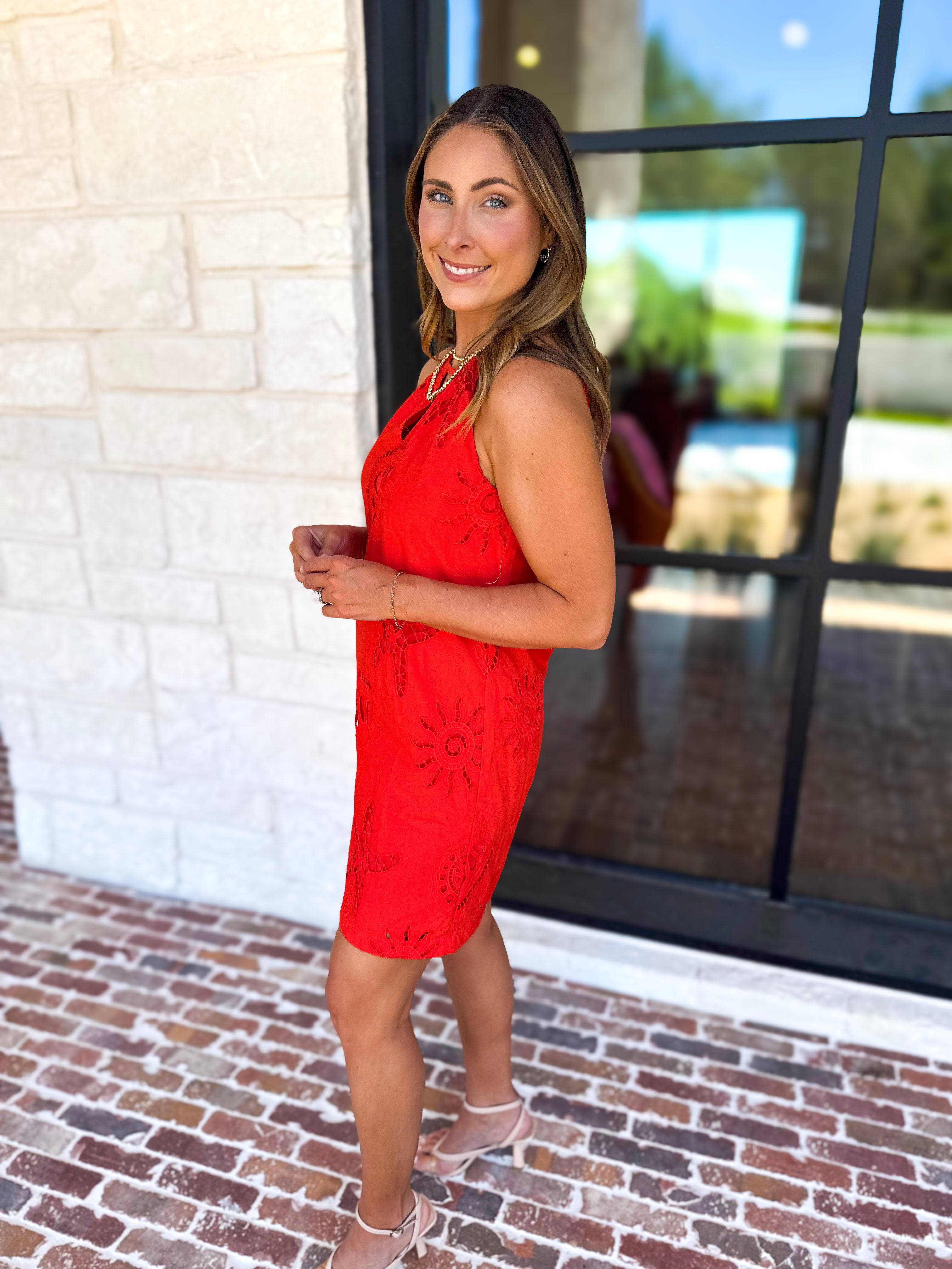 Beachy Red Halter Mini Dress-510 Mini-SKIES ARE BLUE-July & June Women's Fashion Boutique Located in San Antonio, Texas