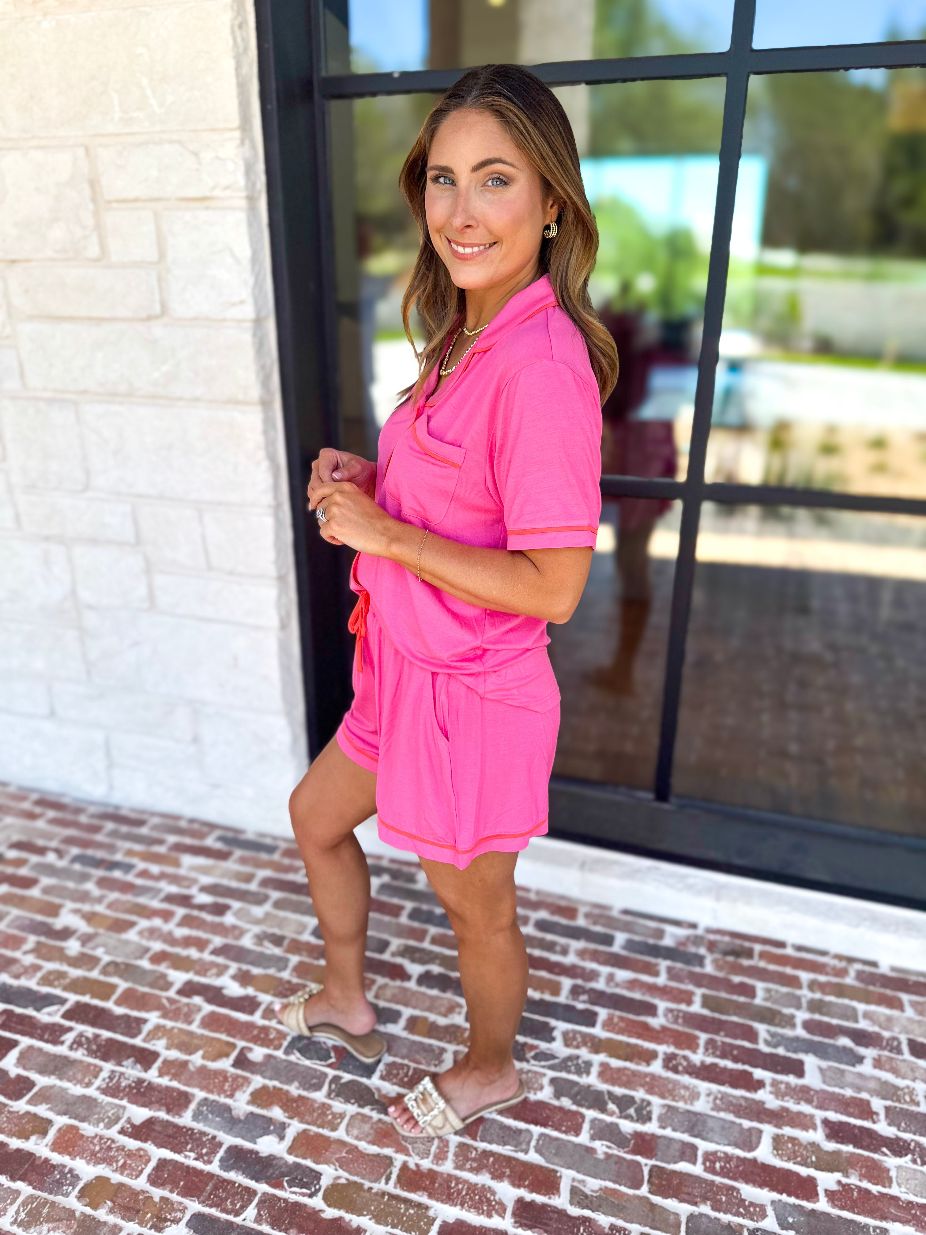 MARY SQUARE - Charlotte Hot Pink Shorts PJ Set-300 Athleisure/Lounge-MARY SQUARE-July & June Women's Fashion Boutique Located in San Antonio, Texas
