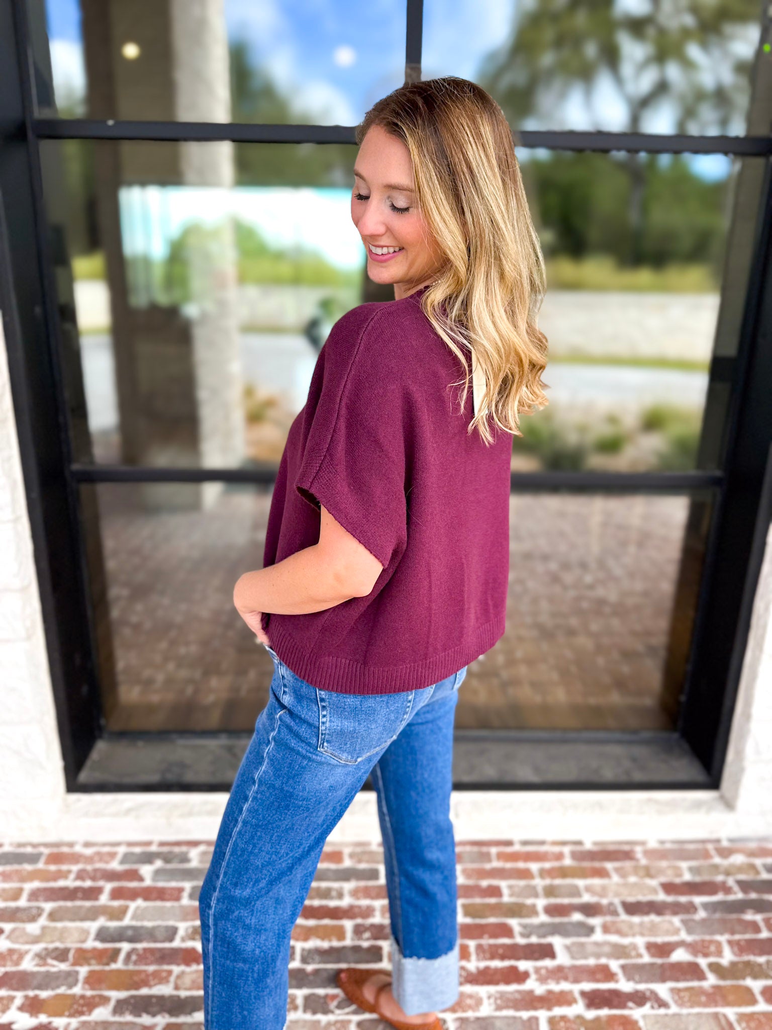 Easy Going Short Sleeve Knit Top - Burgundy-230 Sweaters/Cardis-PINCH-July & June Women's Fashion Boutique Located in San Antonio, Texas