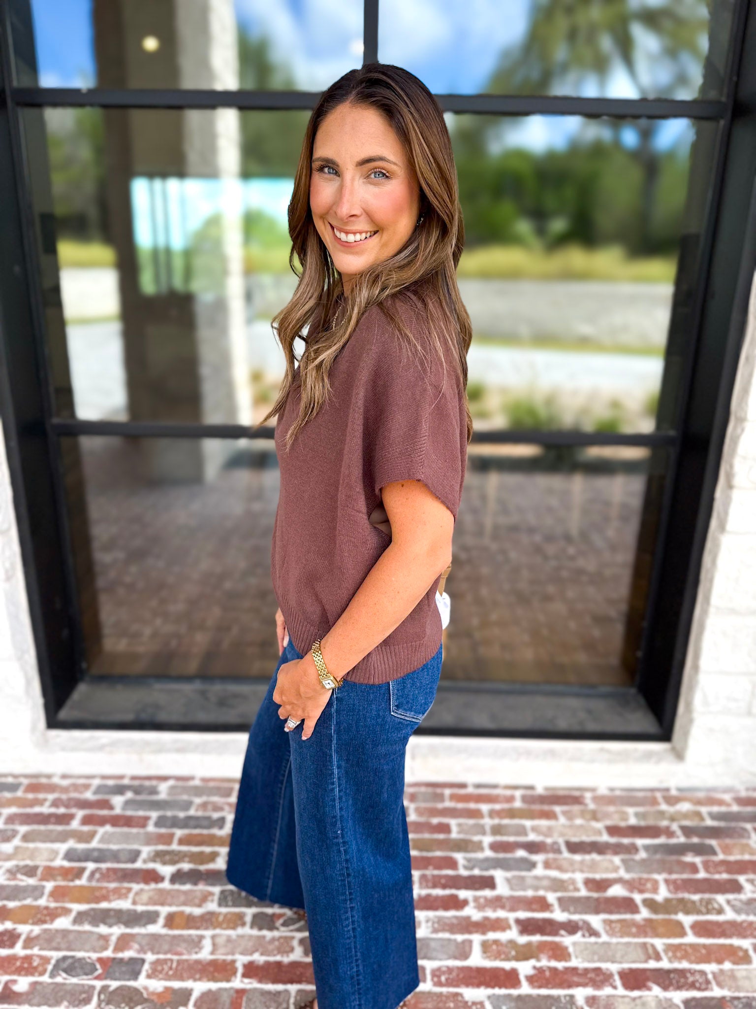 Easy Going Short Sleeve Knit Top - Espresso-230 Sweaters/Cardis-PINCH-July & June Women's Fashion Boutique Located in San Antonio, Texas