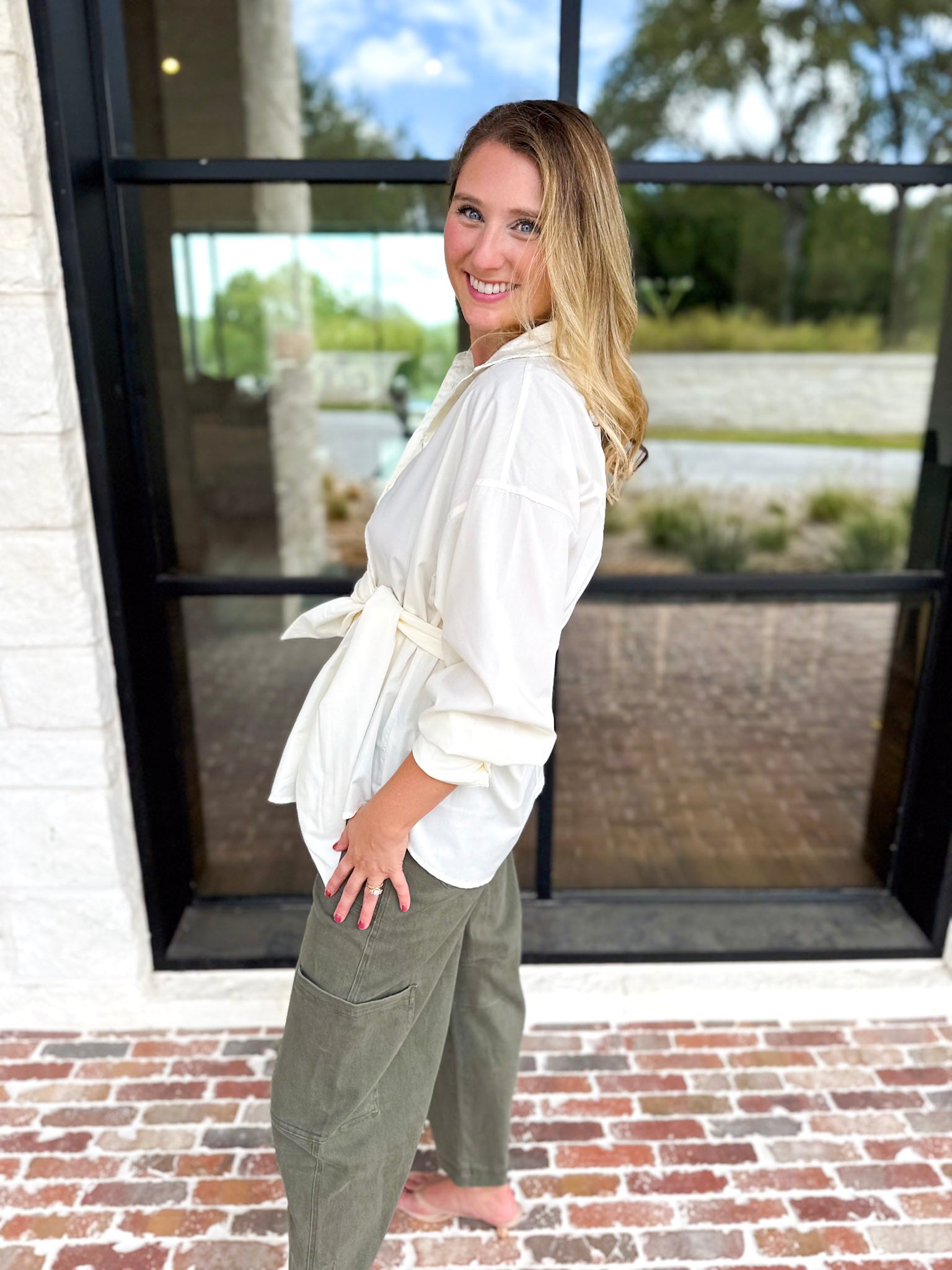 The Sarah Tie Button Down - Ivory-200 Fashion Blouses-ENTRO-July & June Women's Fashion Boutique Located in San Antonio, Texas