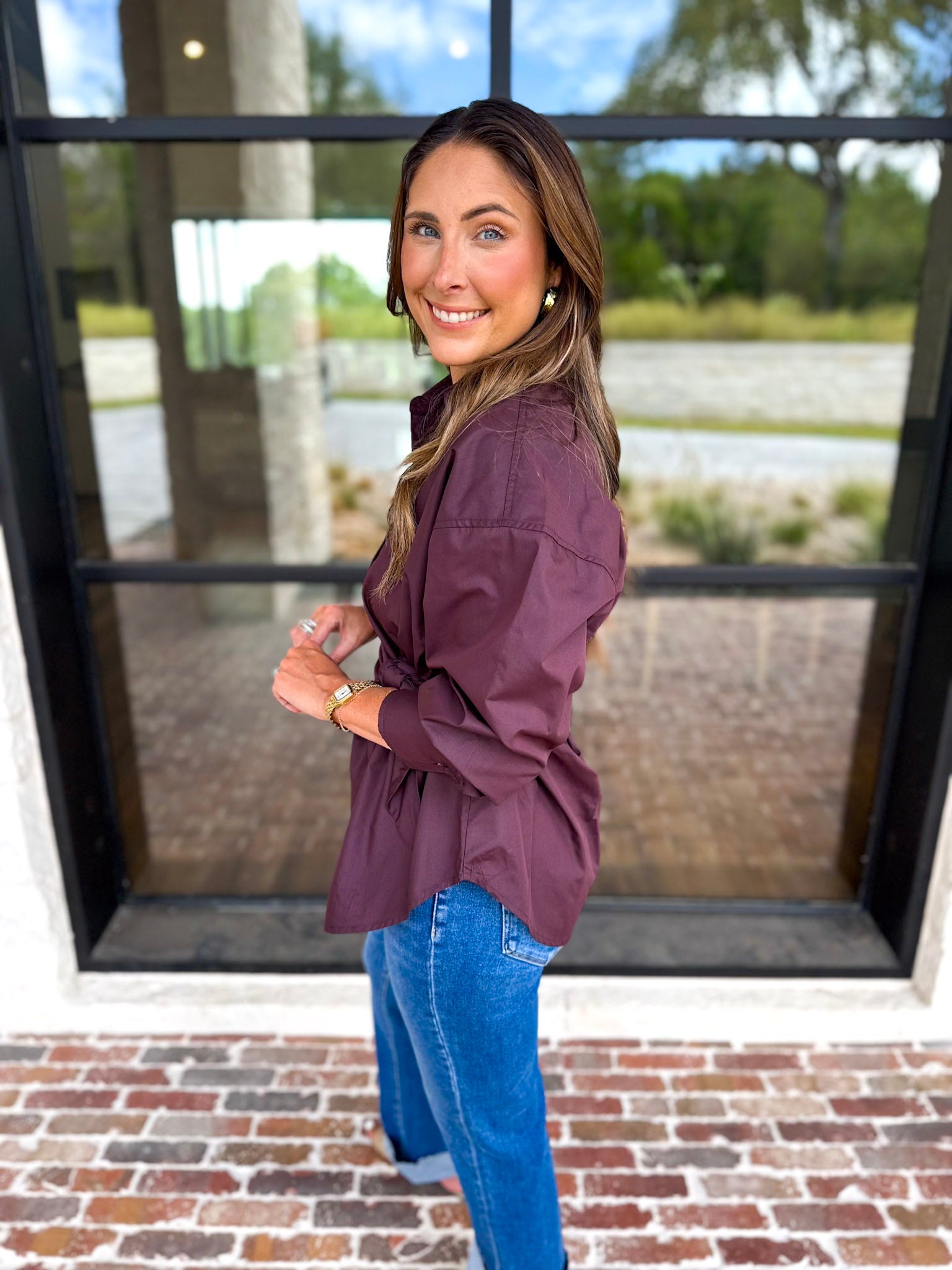 The Sarah Tie Button Down - Espresso-200 Fashion Blouses-ENTRO-July & June Women's Fashion Boutique Located in San Antonio, Texas
