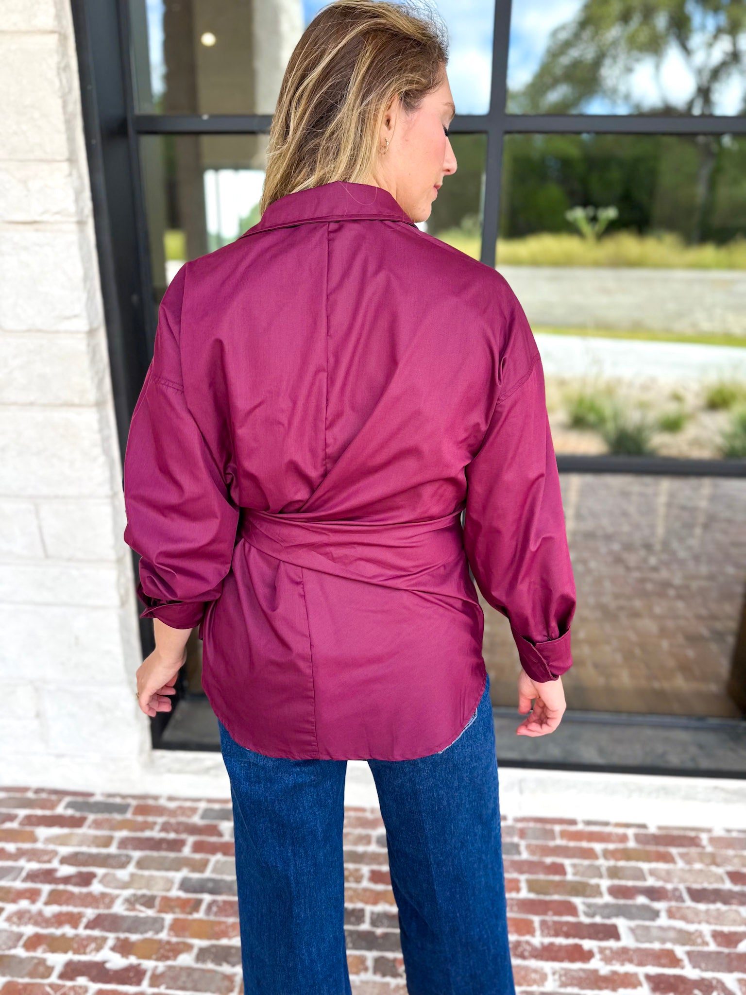 The Sarah Tie Button Down - Deep Berry-200 Fashion Blouses-ENTRO-July & June Women's Fashion Boutique Located in San Antonio, Texas