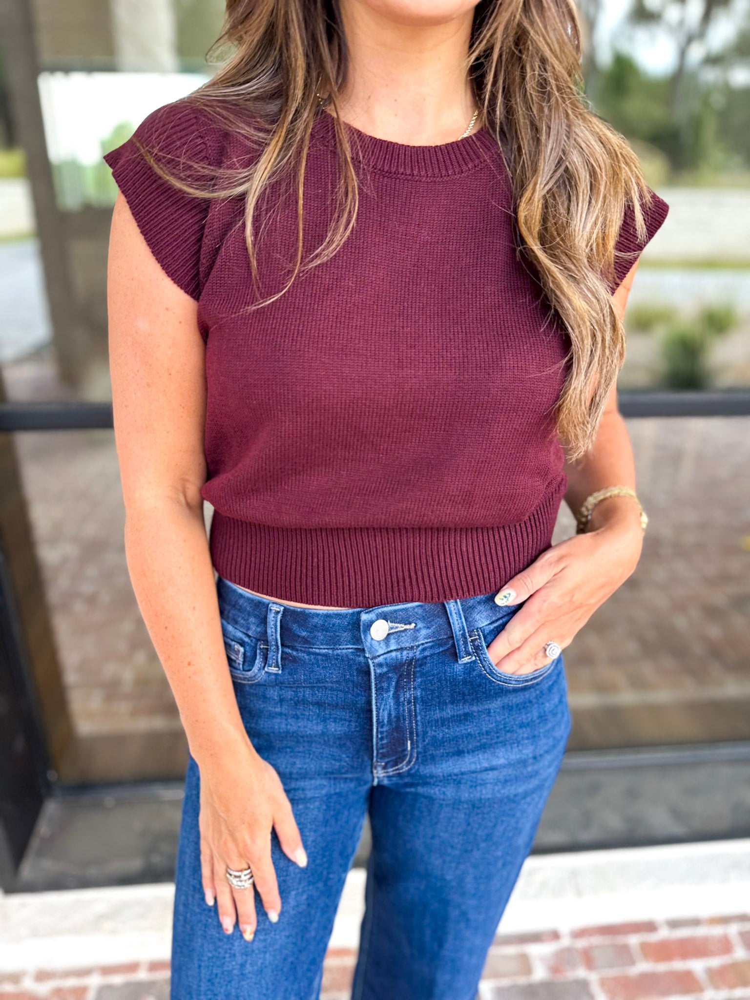 Cap Sleeve Knit Top - Eggplant-230 Sweaters/Cardis-PINCH-July & June Women's Fashion Boutique Located in San Antonio, Texas