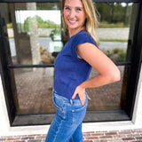 Cap Sleeve Knit Top - Blue-230 Sweaters/Cardis-PINCH-July & June Women's Fashion Boutique Located in San Antonio, Texas