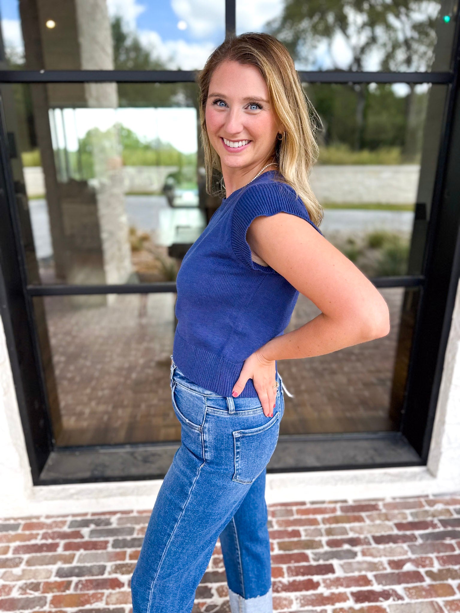 Cap Sleeve Knit Top - Blue-230 Sweaters/Cardis-PINCH-July & June Women's Fashion Boutique Located in San Antonio, Texas