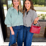 Gingham Bubble Blouse - Hunter Green-200 Fashion Blouses-ENTRO-July & June Women's Fashion Boutique Located in San Antonio, Texas
