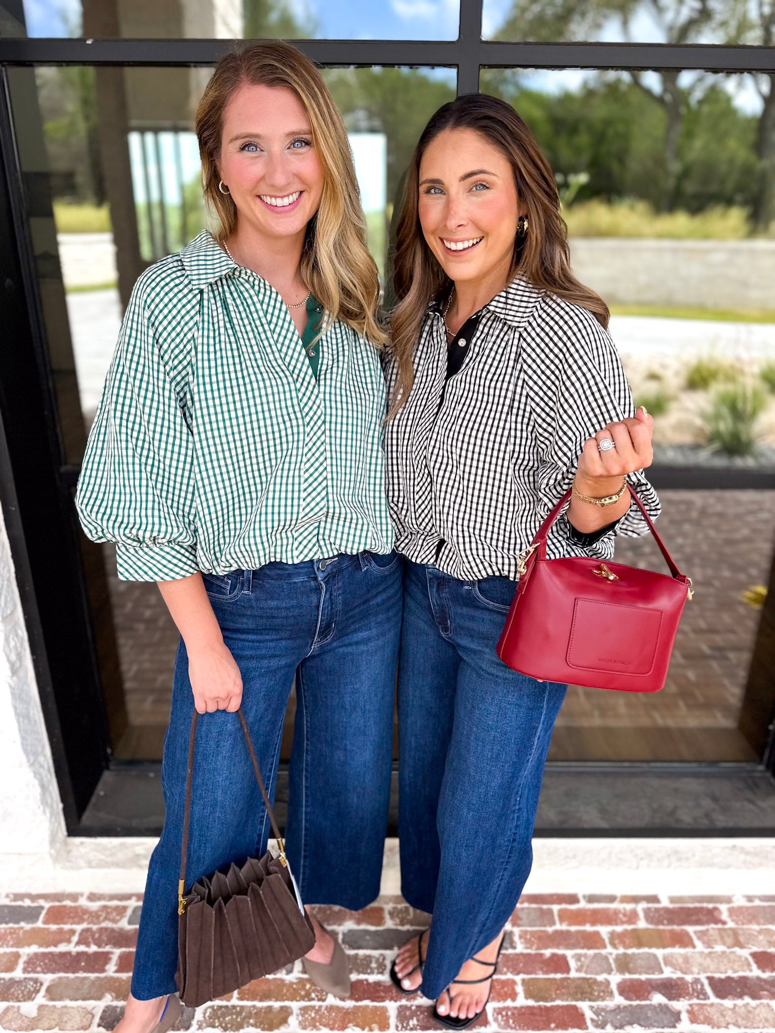 Gingham Bubble Blouse - Hunter Green-200 Fashion Blouses-ENTRO-July & June Women's Fashion Boutique Located in San Antonio, Texas