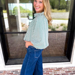 Gingham Bubble Blouse - Hunter Green-200 Fashion Blouses-ENTRO-July & June Women's Fashion Boutique Located in San Antonio, Texas