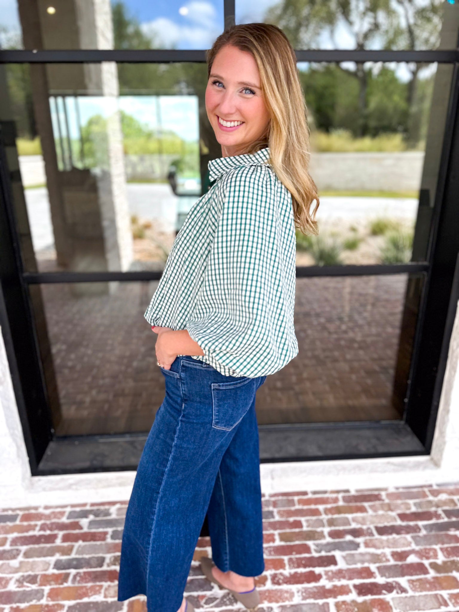 Gingham Bubble Blouse - Hunter Green-200 Fashion Blouses-ENTRO-July & June Women's Fashion Boutique Located in San Antonio, Texas