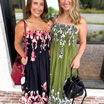 Floral Pleated Midi Dress - Moss Green-500 Midi-ENTRO-July & June Women's Fashion Boutique Located in San Antonio, Texas