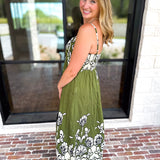 Floral Pleated Midi Dress - Moss Green-500 Midi-ENTRO-July & June Women's Fashion Boutique Located in San Antonio, Texas