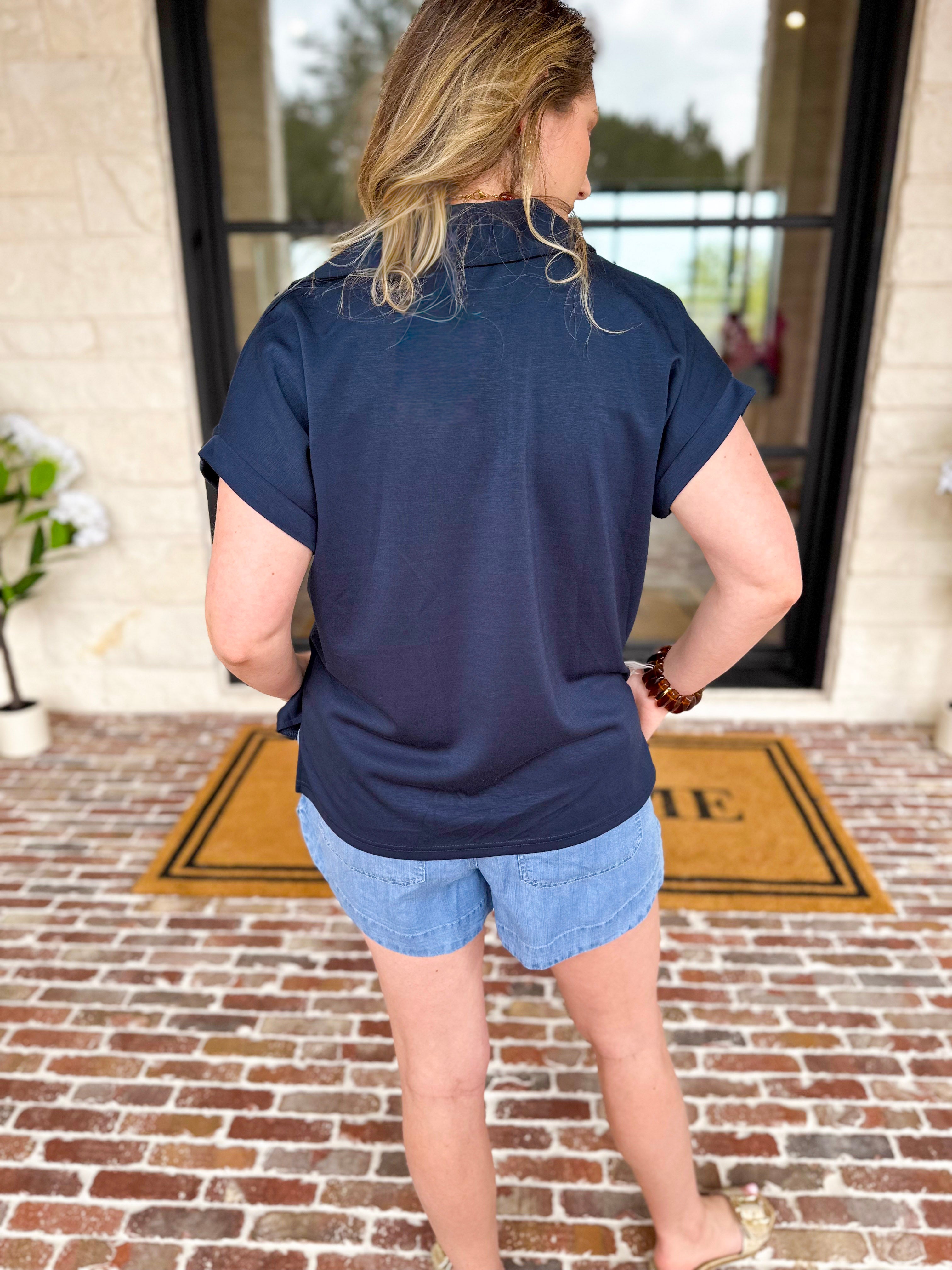The Soft Collared Top - Navy-210 Casual Blouses-ENTRO-July & June Women's Fashion Boutique Located in San Antonio, Texas