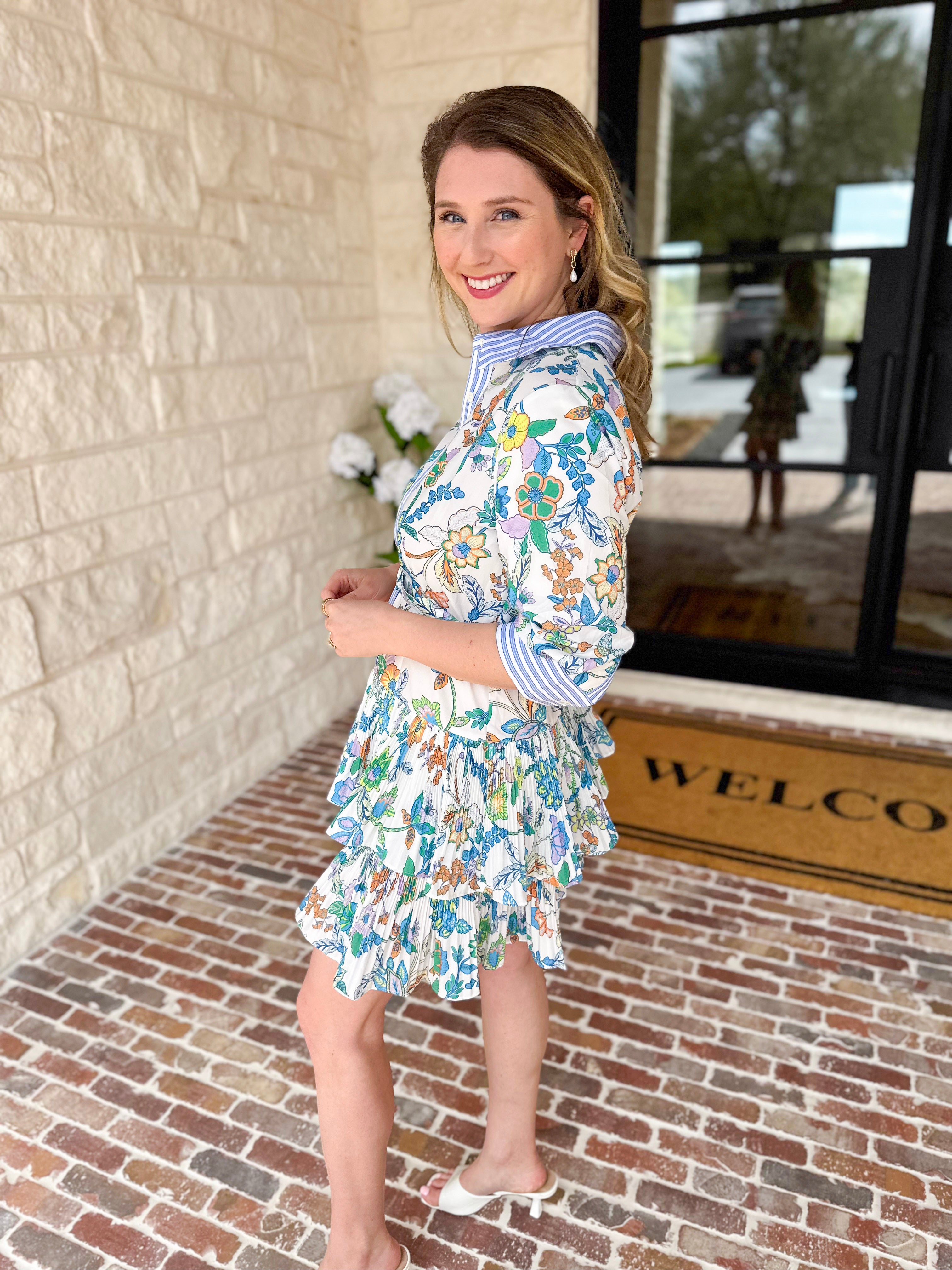 Current Air - Floral Contrast Stripe Mini Dress-510 Mini-CURRENT AIR CLOTHING-July & June Women's Fashion Boutique Located in San Antonio, Texas