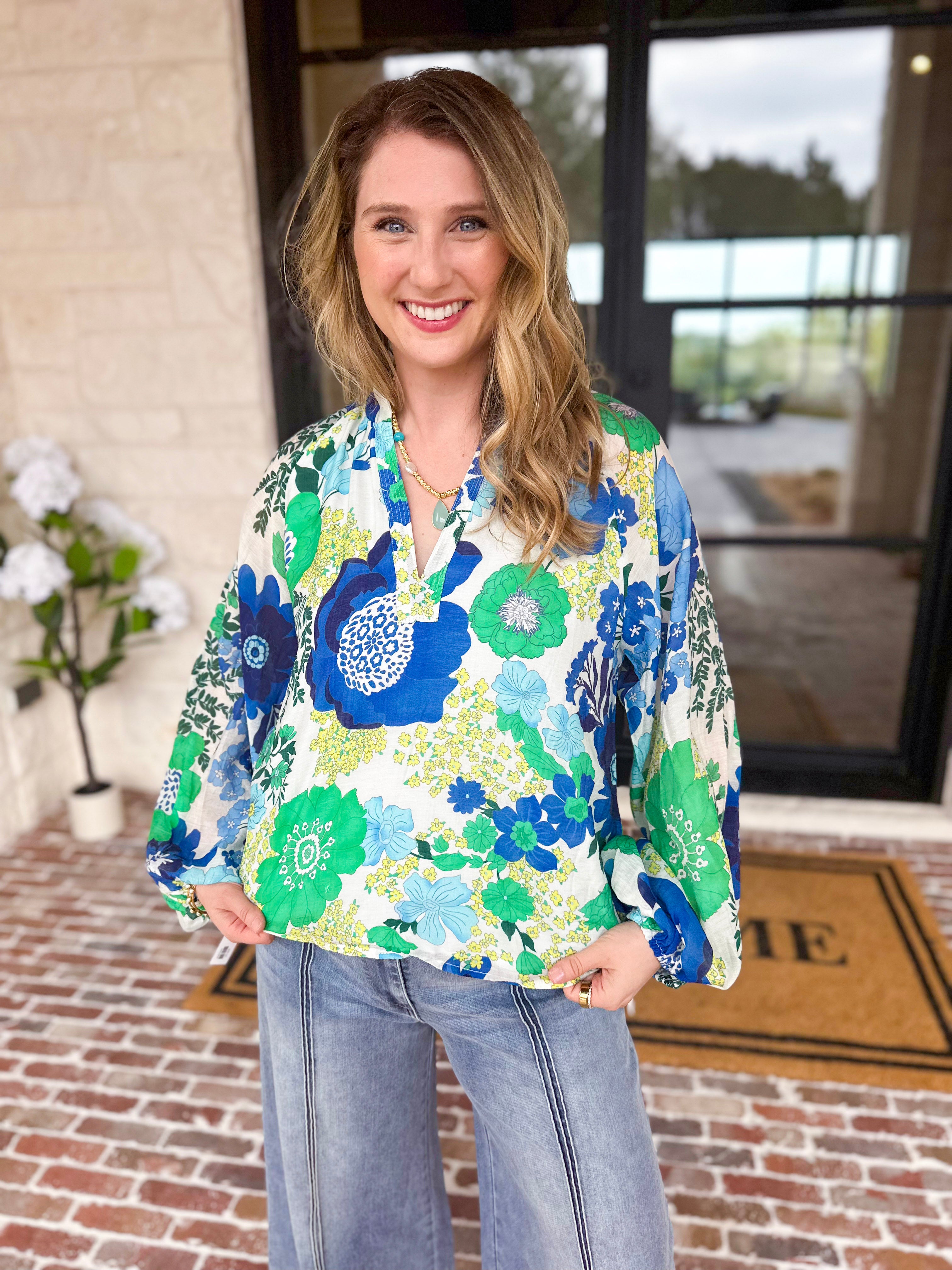 THML - Blue & Green Florals Blouse-200 Fashion Blouses-THML-July & June Women's Fashion Boutique Located in San Antonio, Texas