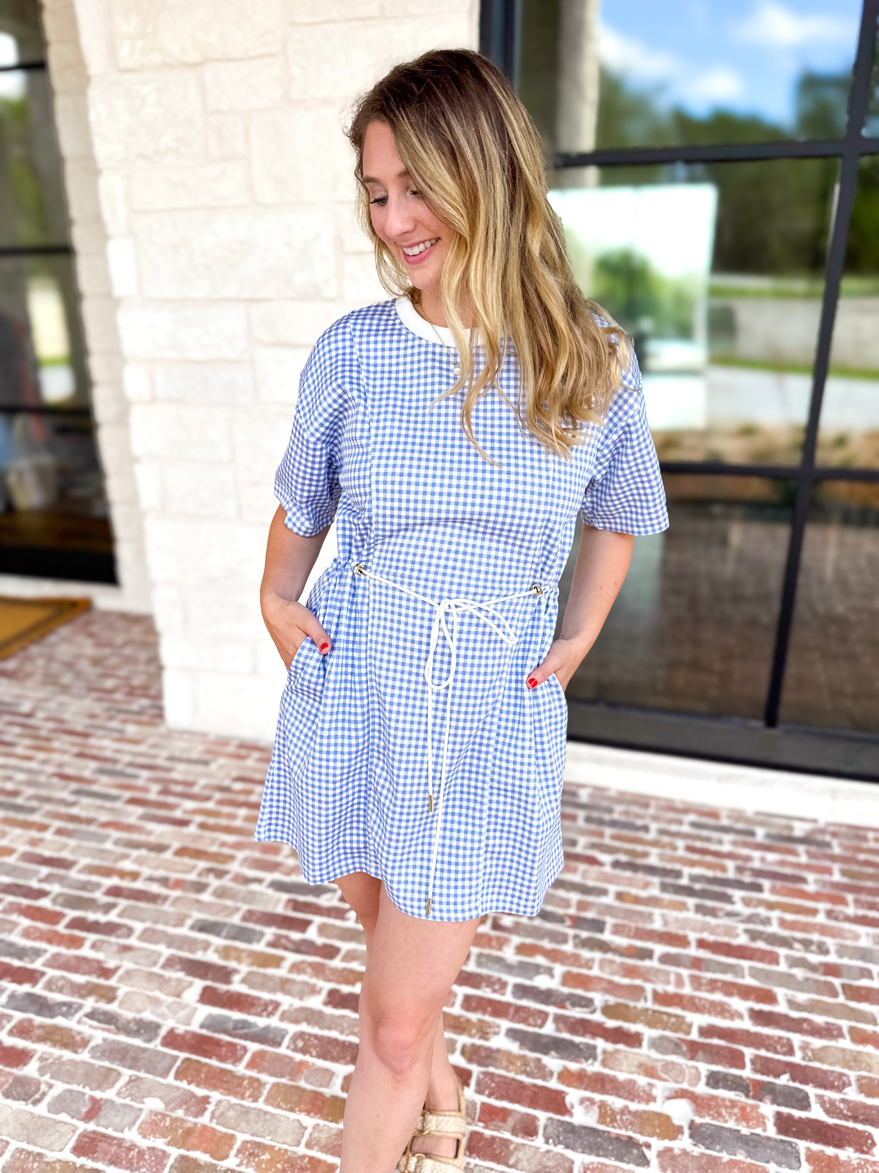 Blue Gingham On-The-Go Mini Dress-510 Mini-ENTRO-July & June Women's Fashion Boutique Located in San Antonio, Texas