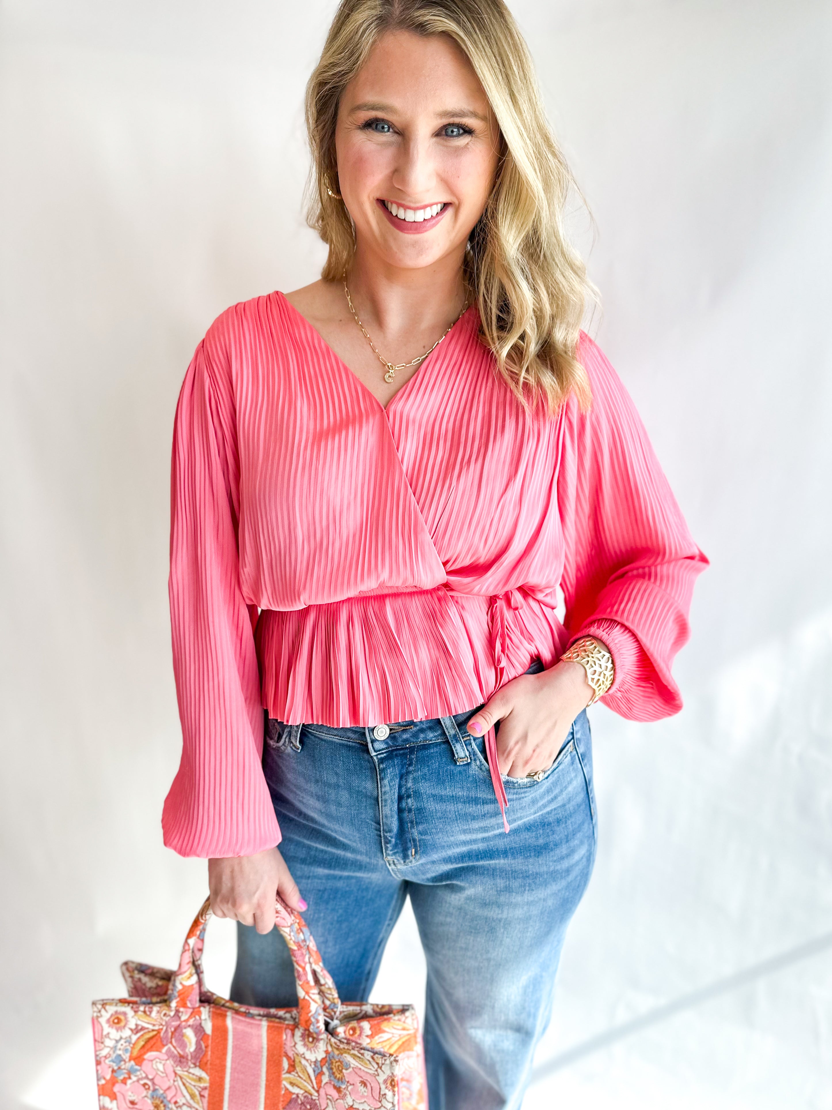 Brink Pink Pleated Blouse-200 Fashion Blouses-CURRENT AIR CLOTHING-July & June Women's Fashion Boutique Located in San Antonio, Texas