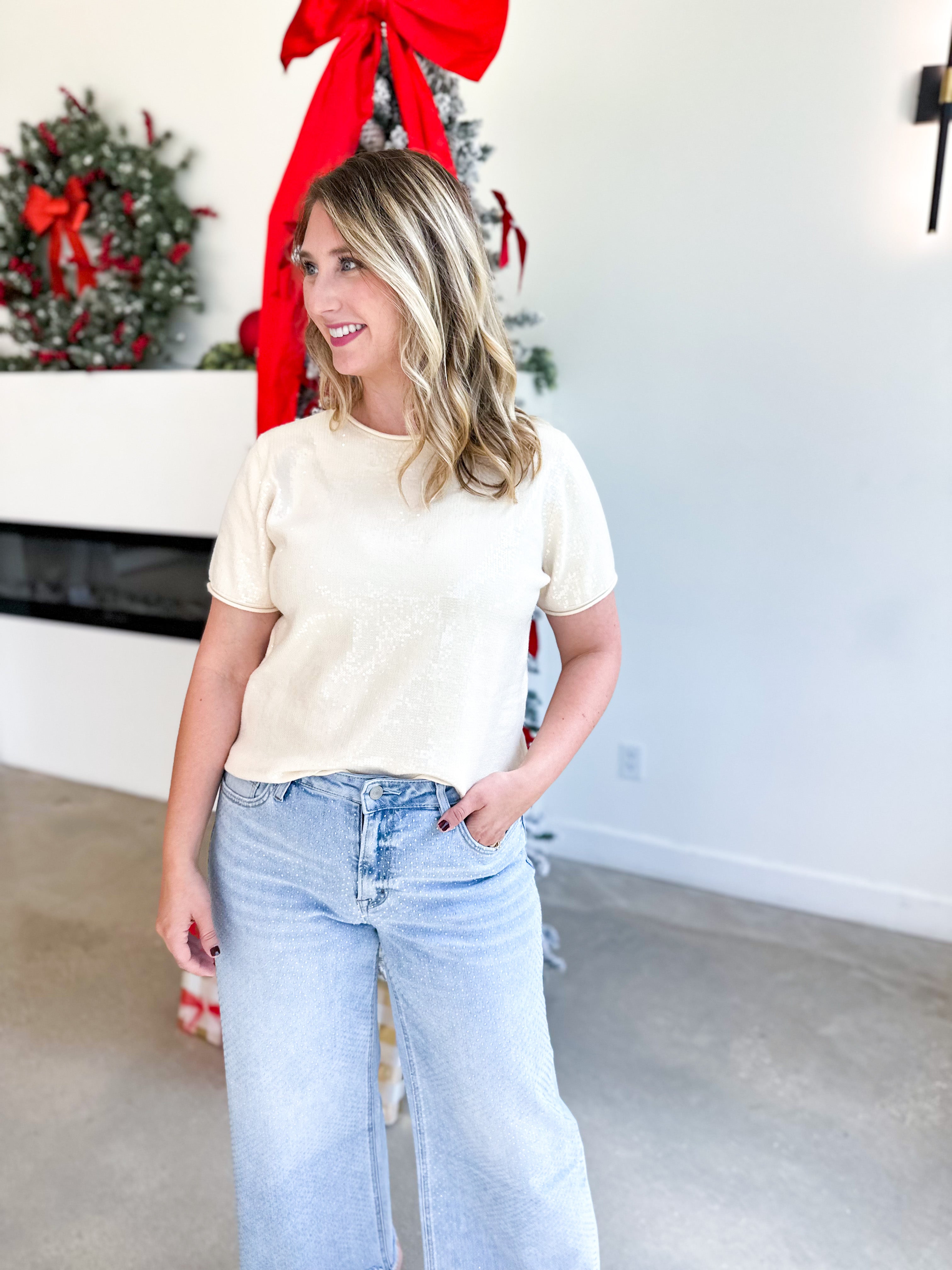 Holiday Party Sweater Top - Cream-200 Fashion Blouses-JODIFL-July & June Women's Fashion Boutique Located in San Antonio, Texas