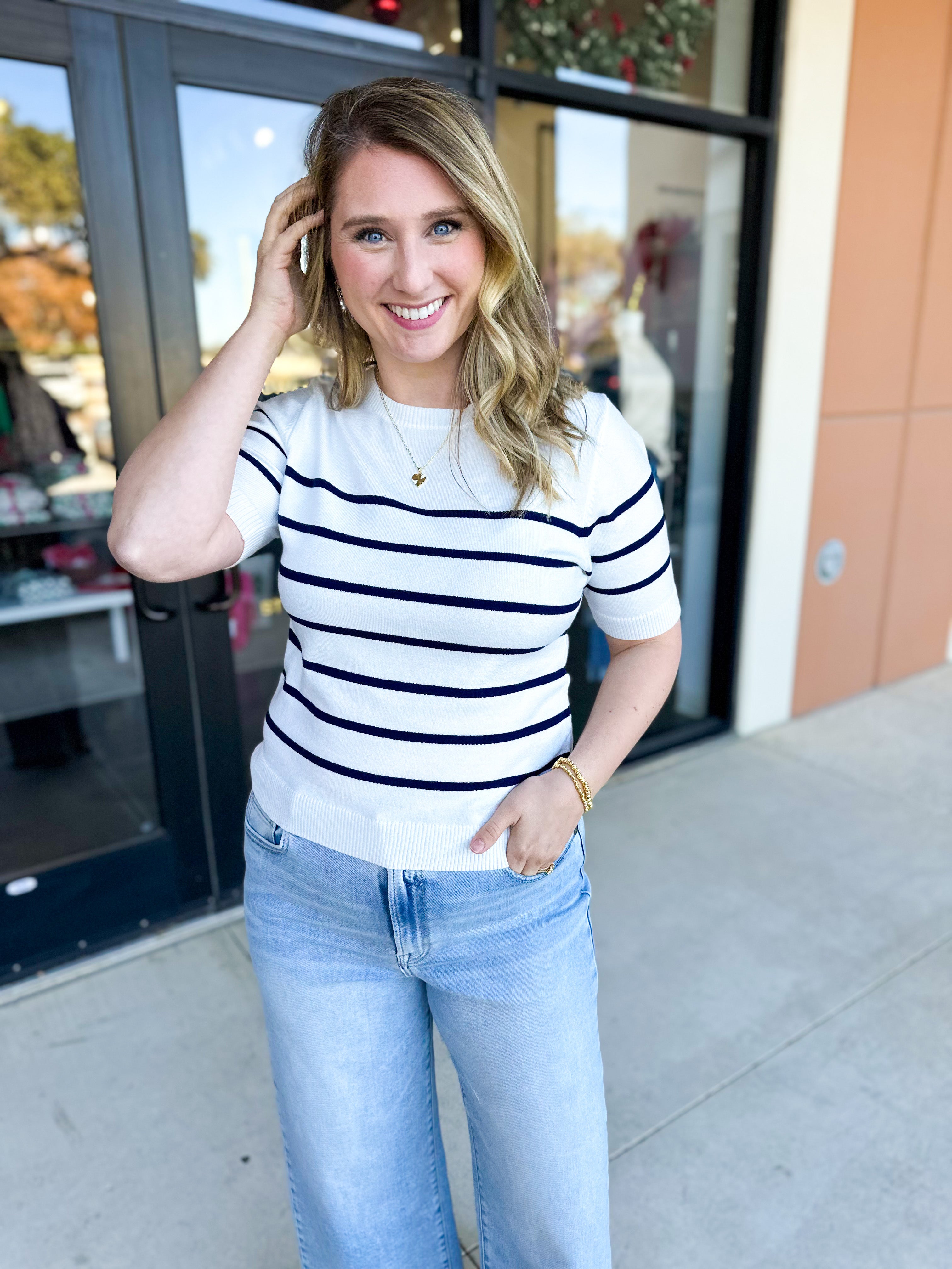 Short Sleeve Stripped Sweater Top - Ivory & Navy-230 Sweaters/Cardis-ALLIE ROSE-July & June Women's Fashion Boutique Located in San Antonio, Texas