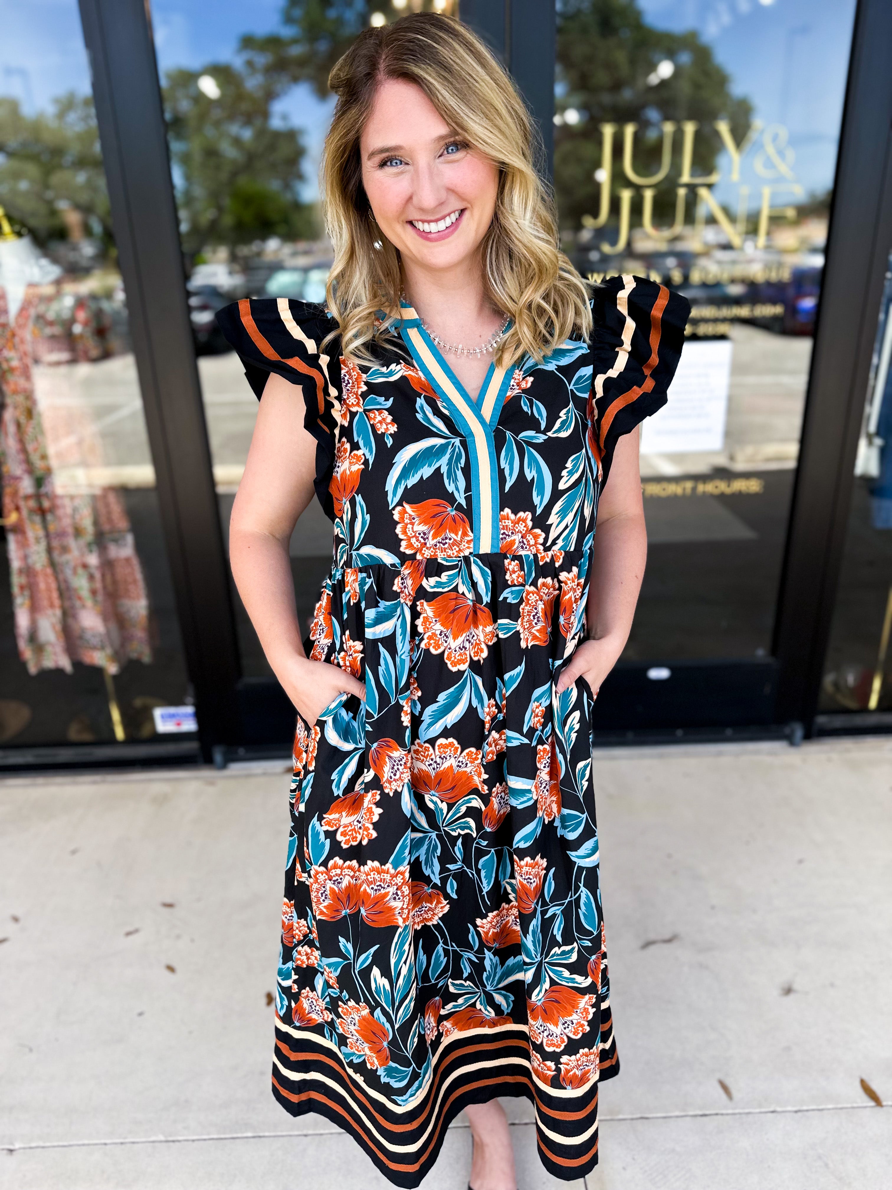 Deep Tones Floral Midi Dress-500 Midi-ENTRO-July & June Women's Fashion Boutique Located in San Antonio, Texas