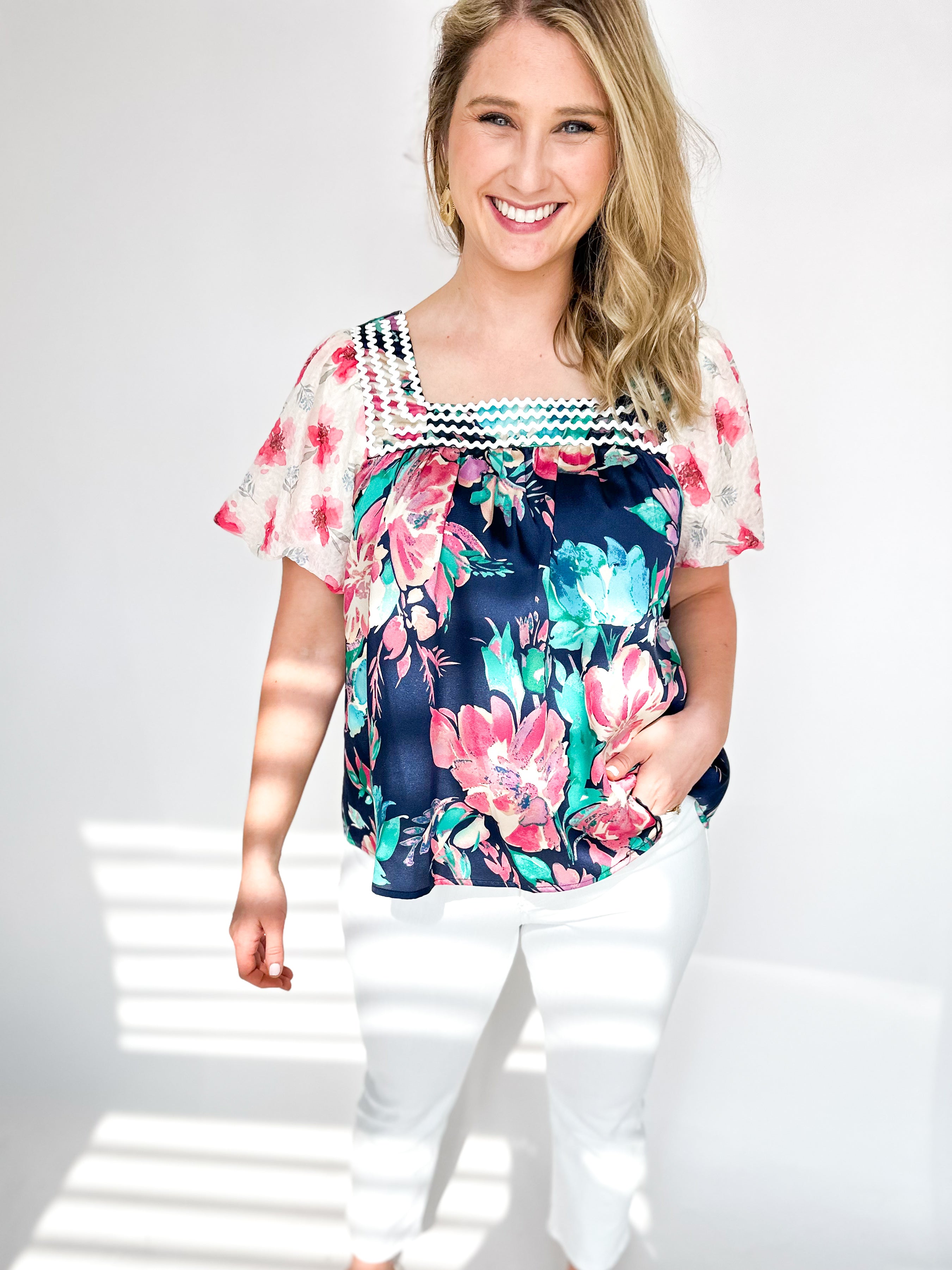 Sweet Florals Blouse-200 Fashion Blouses-JODIFL-July & June Women's Fashion Boutique Located in San Antonio, Texas