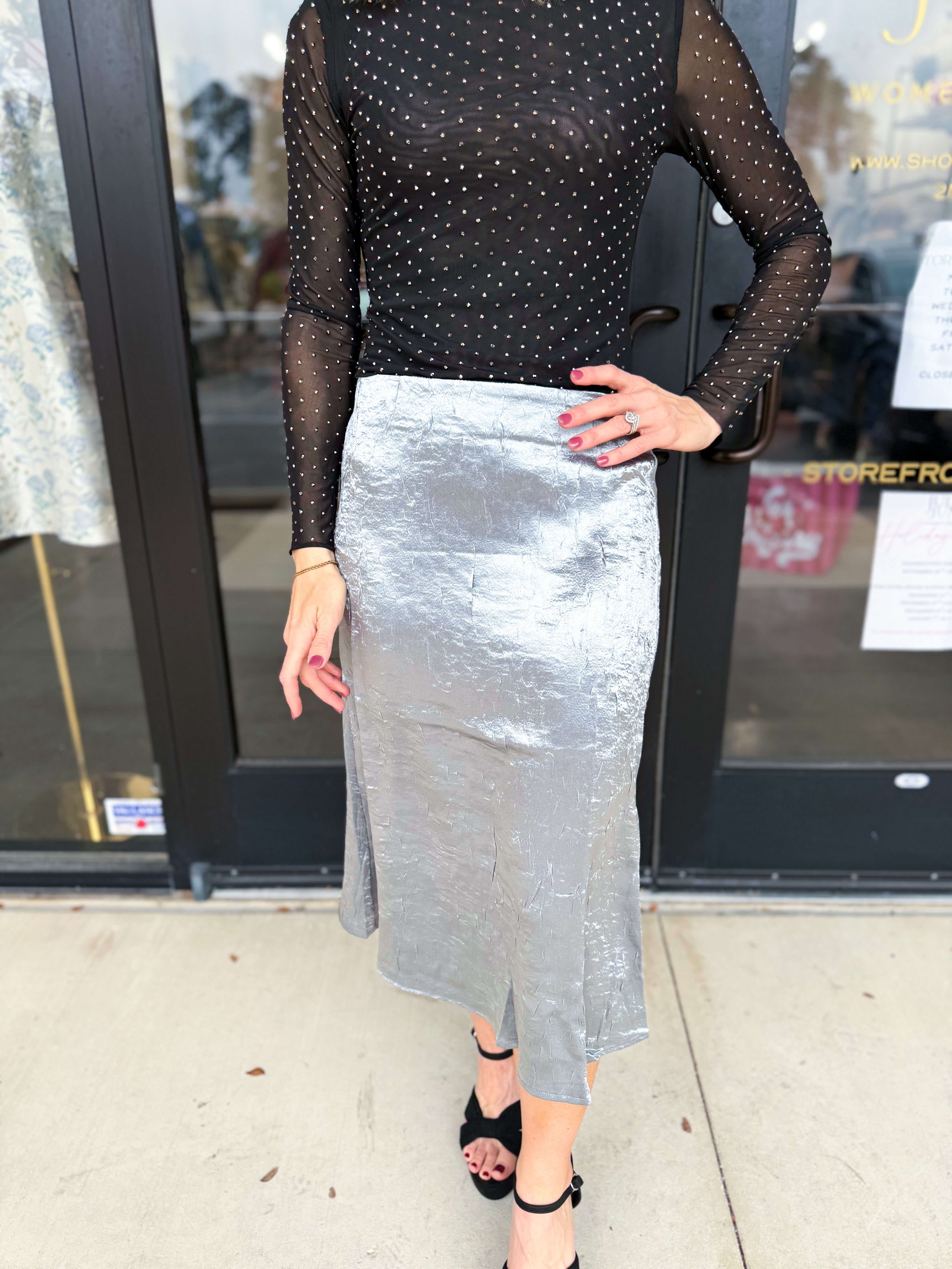 Steel Satin Skirt-410 Shorts/Skirts-ALLIE ROSE-July & June Women's Fashion Boutique Located in San Antonio, Texas