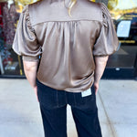 Pink Friday Doorbuster - Puff Sleeve Satin Blouse - Mocha - ONLINE-PINK FRIDAY DOORBUSTERS-GLAM-July & June Women's Fashion Boutique Located in San Antonio, Texas