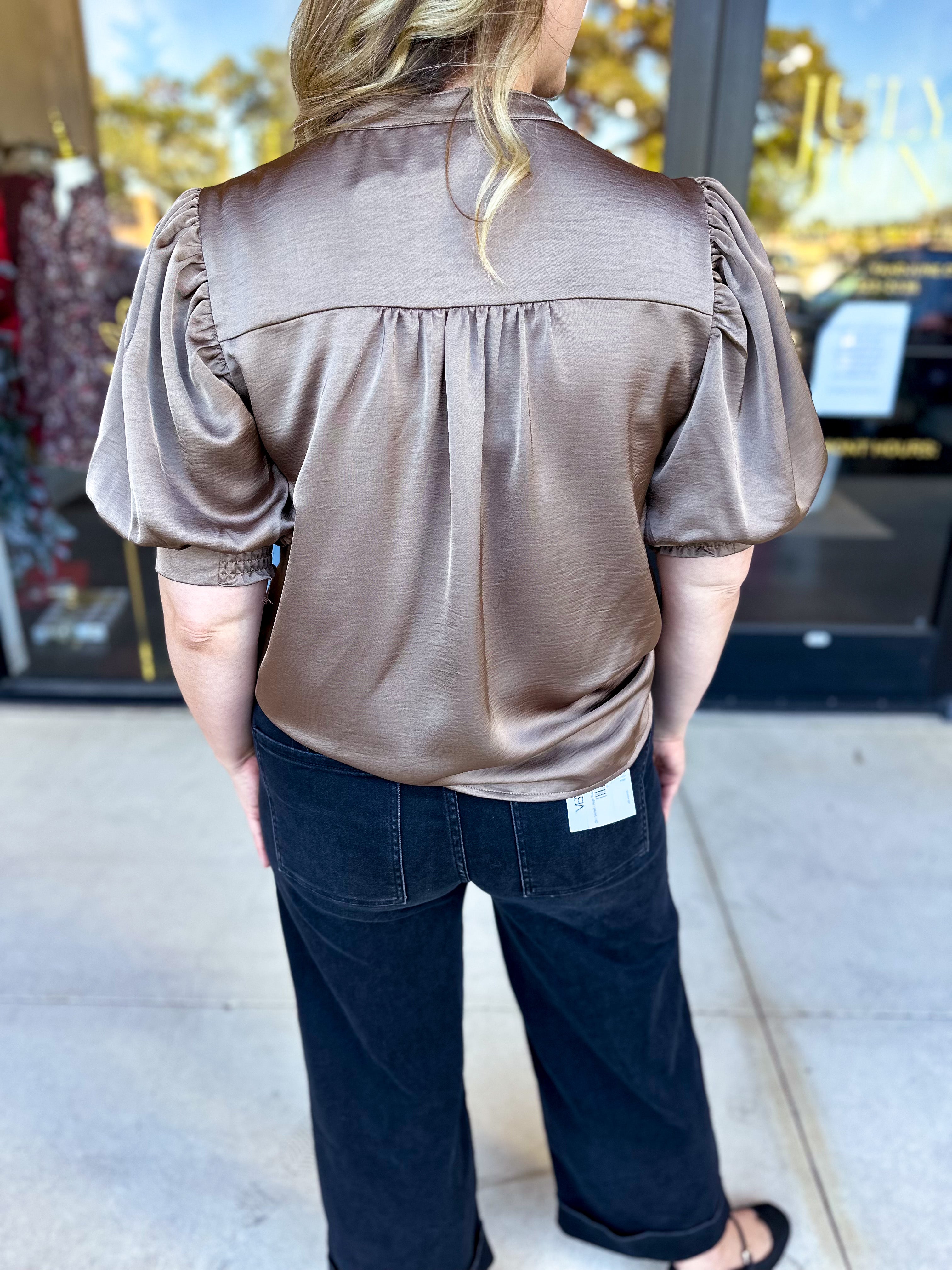Pink Friday Doorbuster - Puff Sleeve Satin Blouse - Mocha - ONLINE-PINK FRIDAY DOORBUSTERS-GLAM-July & June Women's Fashion Boutique Located in San Antonio, Texas