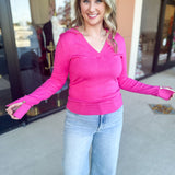 Collared Knit Long Sleeve - Hot Pink-230 Sweaters/Cardis-SKIES ARE BLUE-July & June Women's Fashion Boutique Located in San Antonio, Texas
