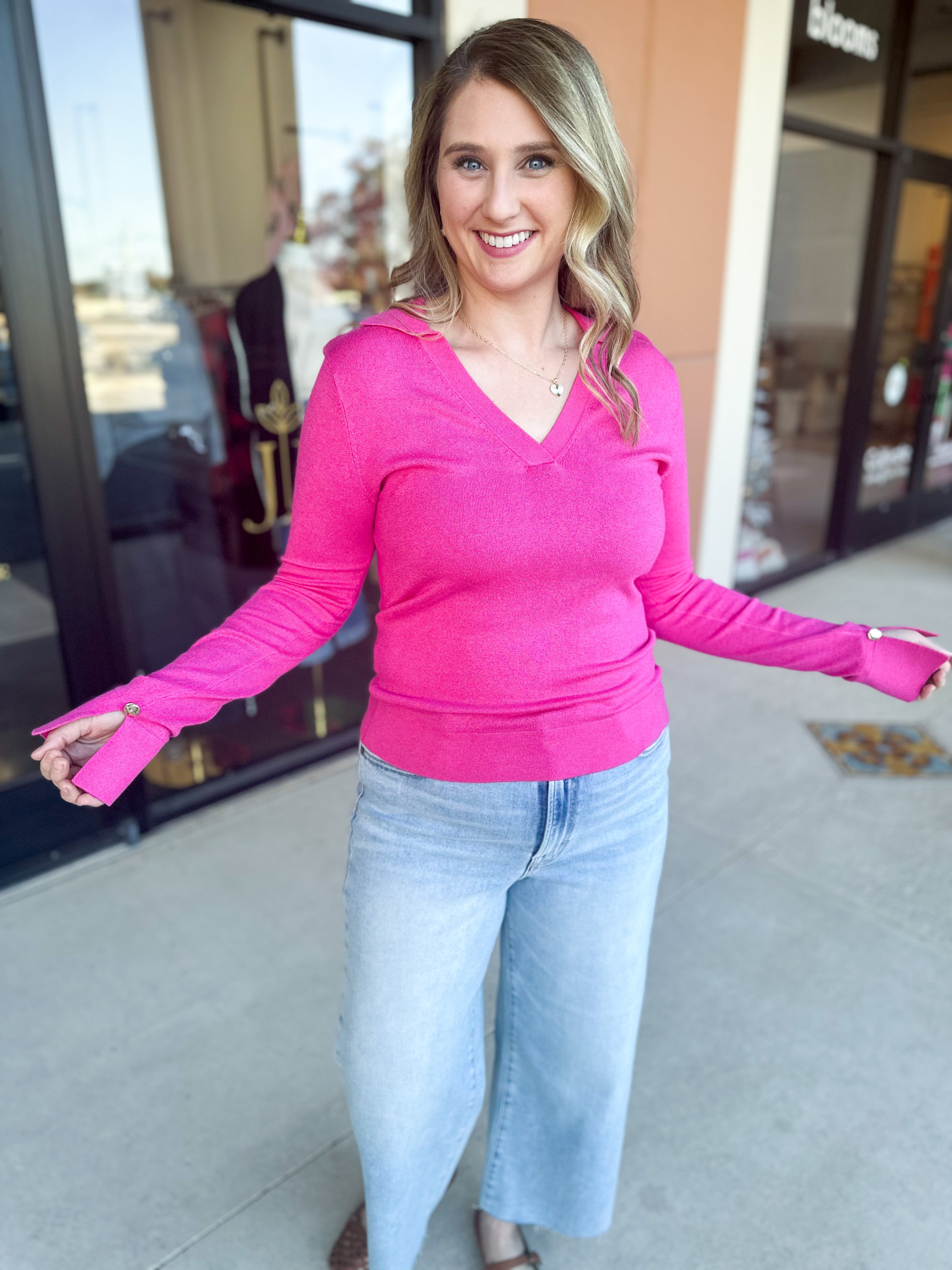 Collared Knit Long Sleeve - Hot Pink-230 Sweaters/Cardis-SKIES ARE BLUE-July & June Women's Fashion Boutique Located in San Antonio, Texas
