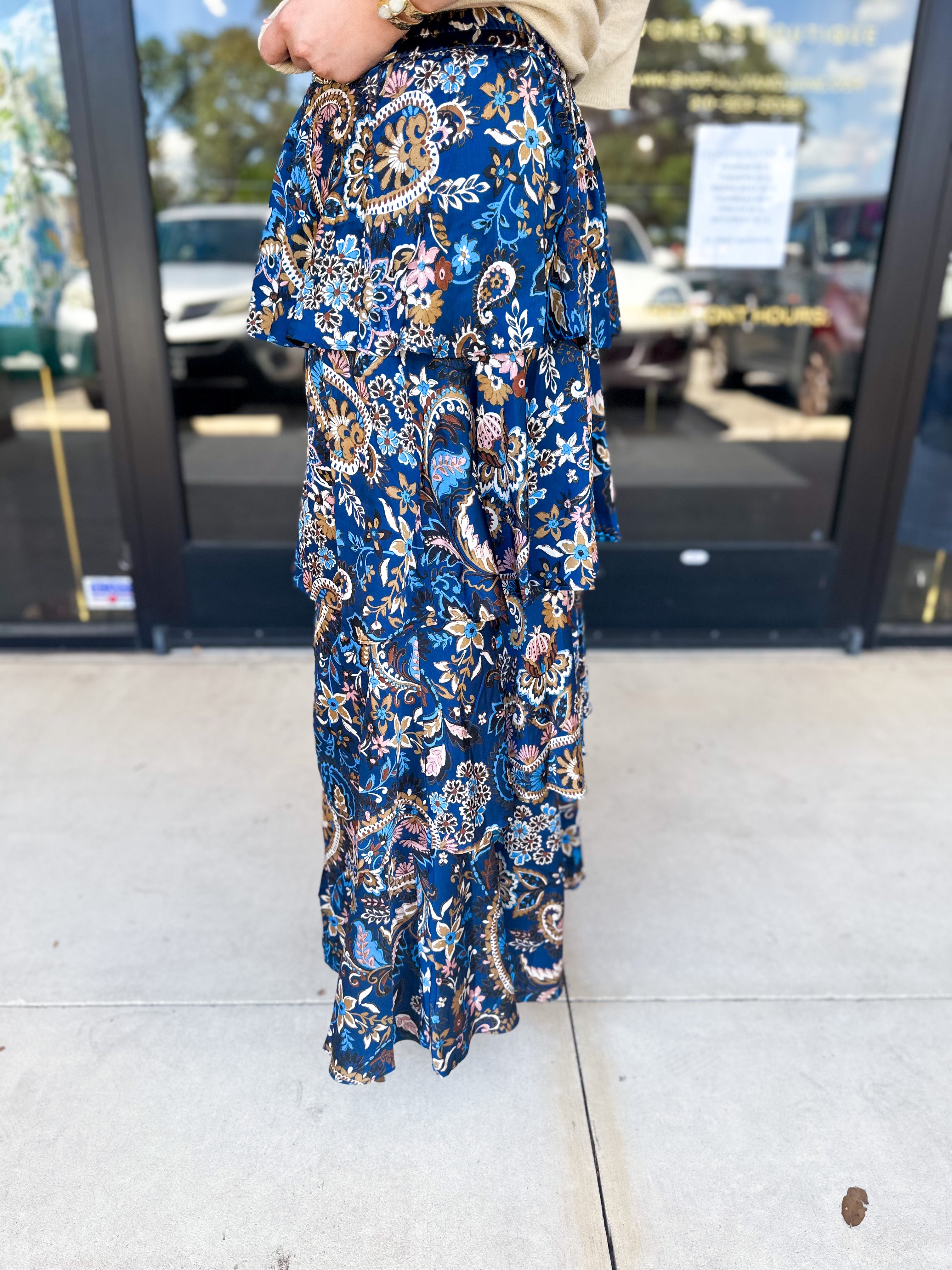 Blue Paisley Midi Skirt-410 Shorts/Skirts-SKIES ARE BLUE-July & June Women's Fashion Boutique Located in San Antonio, Texas