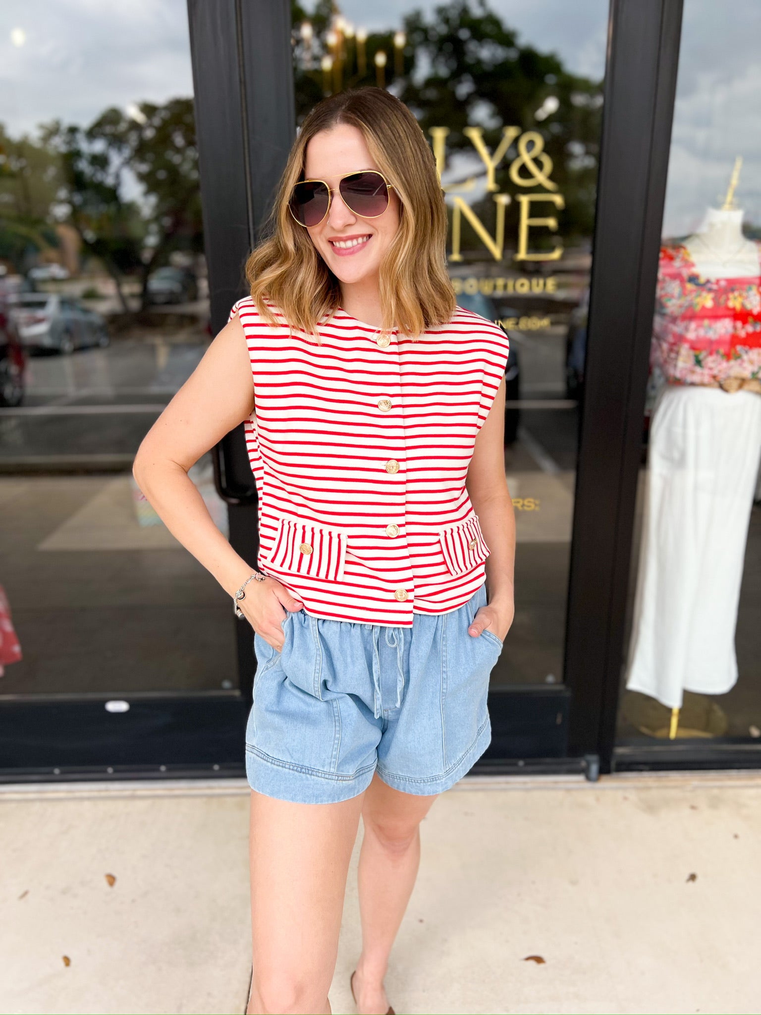 Trendy Red Stripe Vest-200 Fashion Blouses-ENTRO-July & June Women's Fashion Boutique Located in San Antonio, Texas