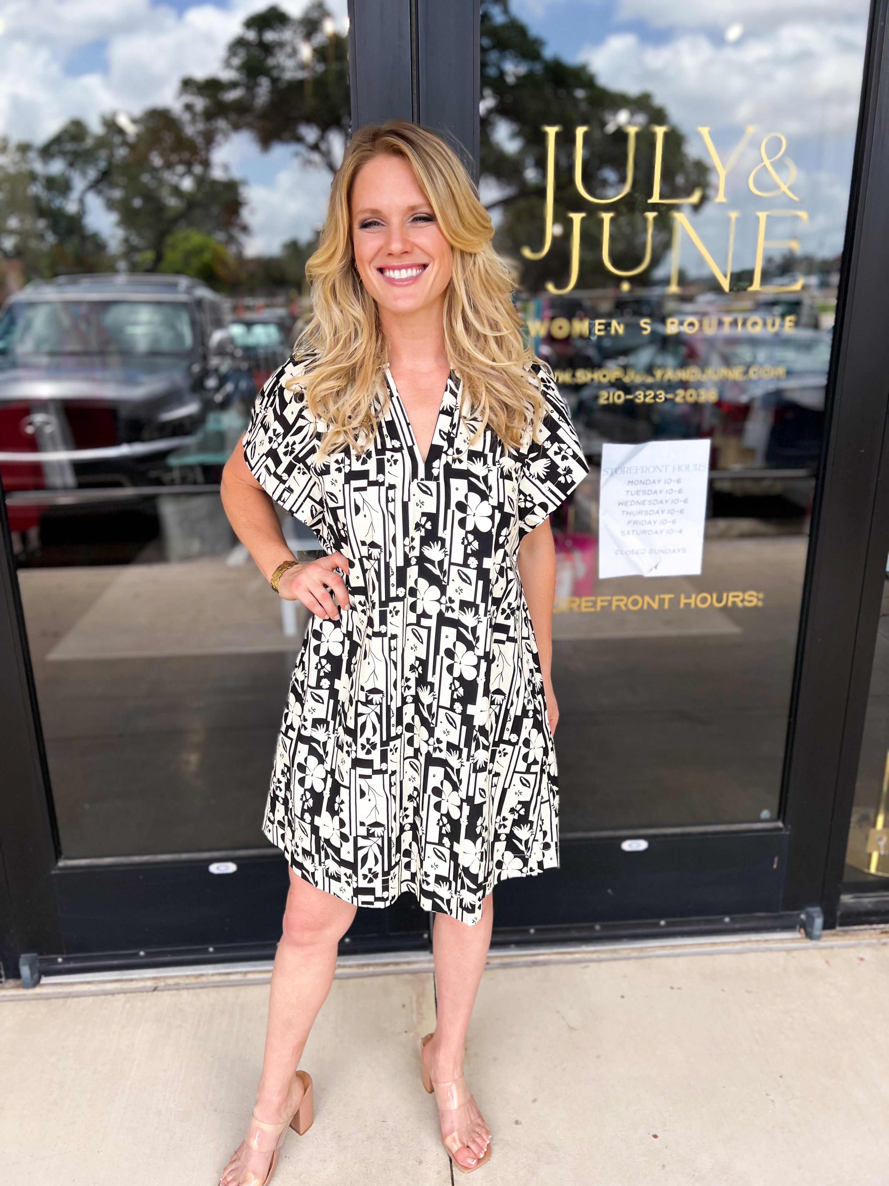 Black & White Abstract Mini Dress-510 Mini-PINCH-July & June Women's Fashion Boutique Located in San Antonio, Texas