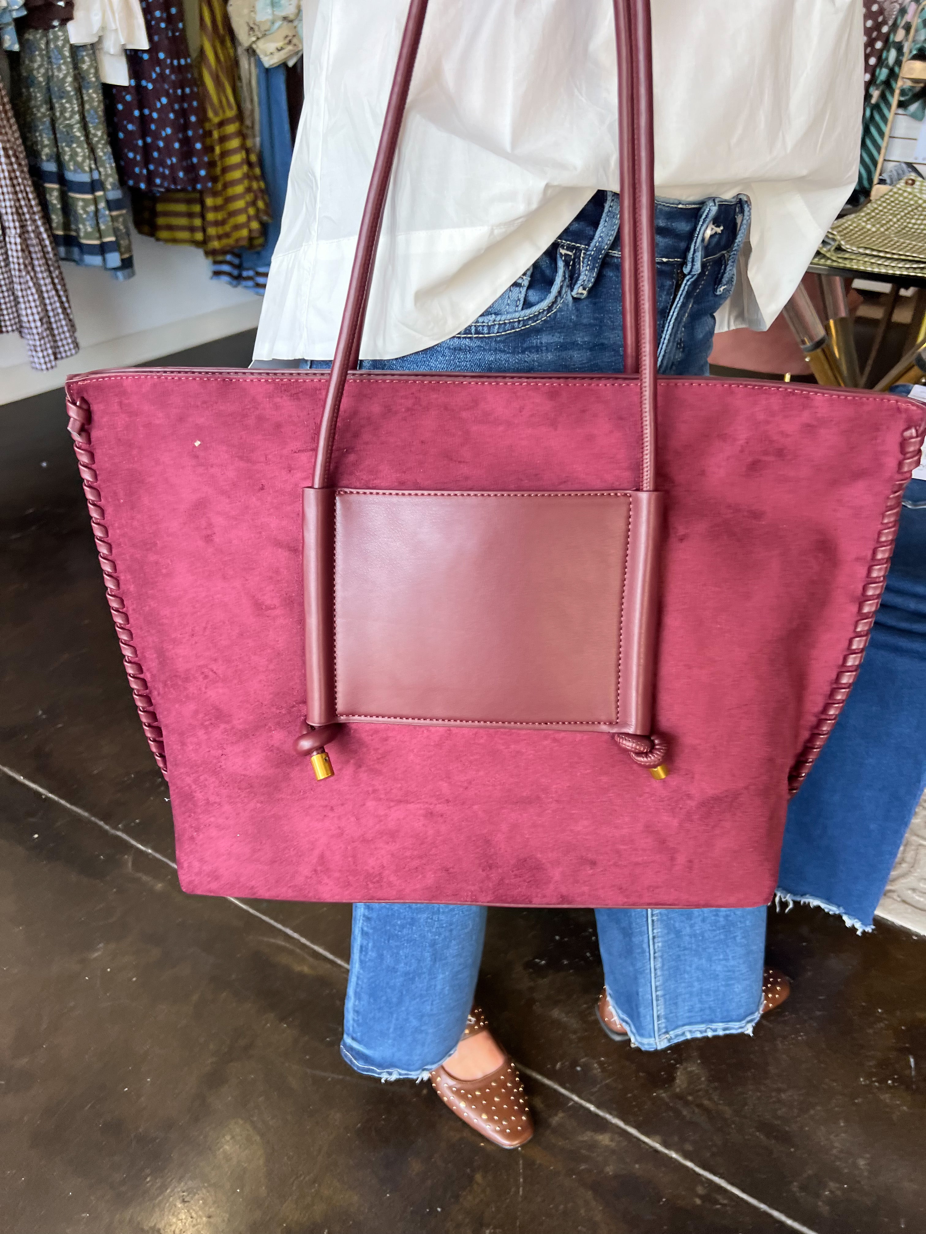 Paige Suede Tote Bag - Wine-130 ACCESSORIES-SHIRALEAH-July & June Women's Fashion Boutique Located in San Antonio, Texas