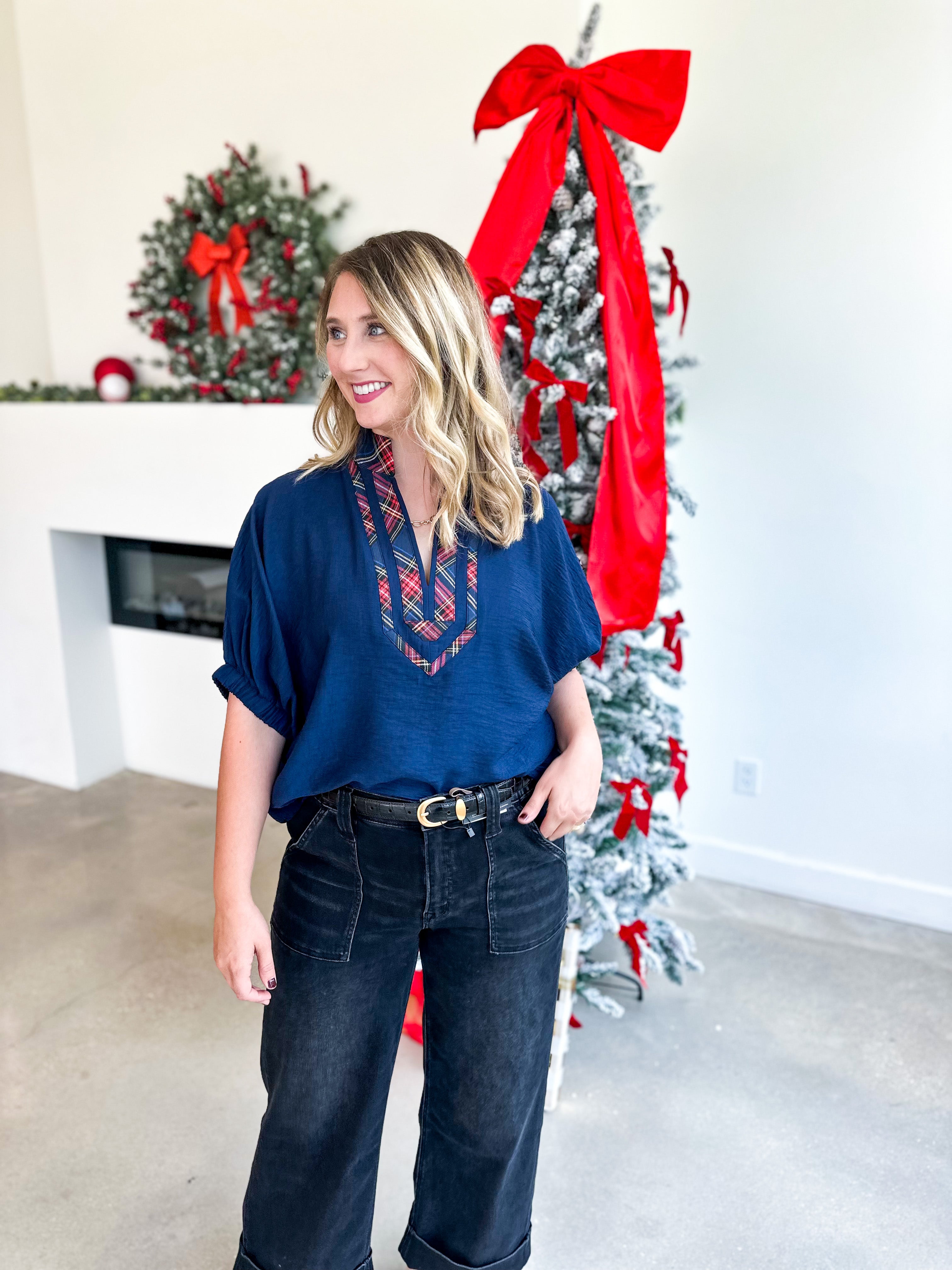 The Stacy Blouse - Navy-200 Fashion Blouses-ENTRO-July & June Women's Fashion Boutique Located in San Antonio, Texas