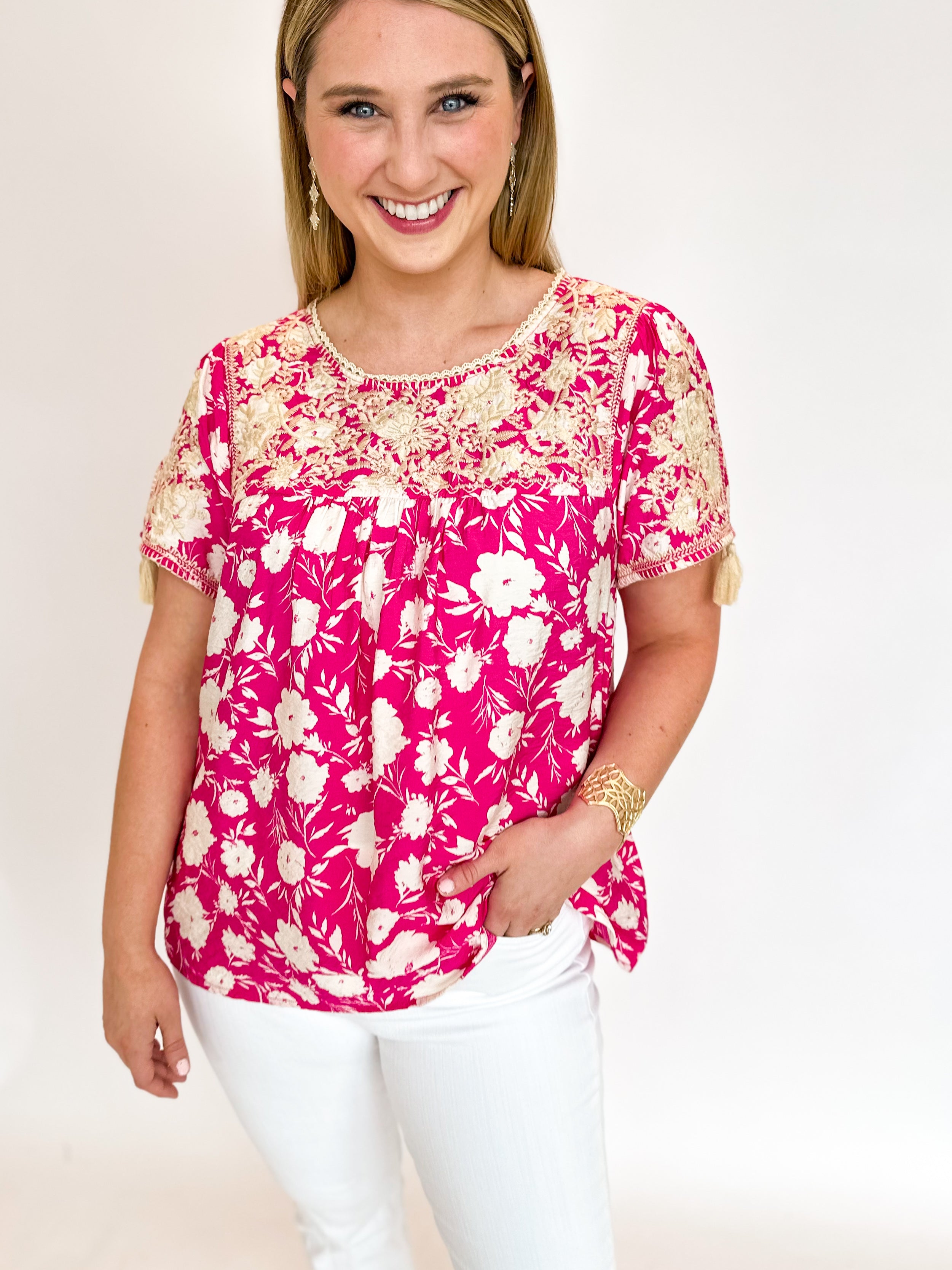 Bold Pink Floral Embroidered Blouse-200 Fashion Blouses-ANDREE BY UNIT-July & June Women's Fashion Boutique Located in San Antonio, Texas