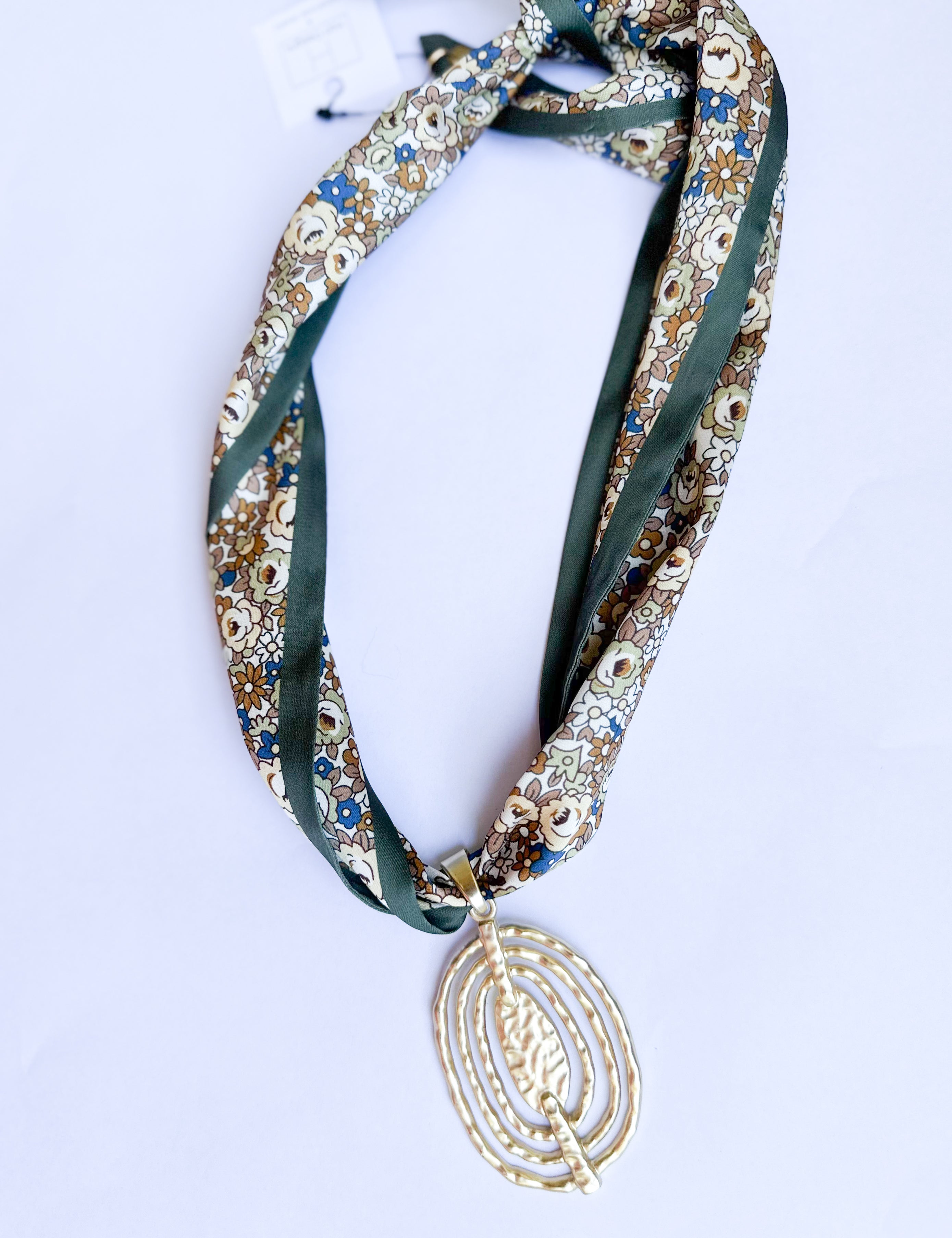 Scarf Necklace - Olive Floral Funky Oval-110 Jewelry & Hair-HART DESIGNS-July & June Women's Fashion Boutique Located in San Antonio, Texas