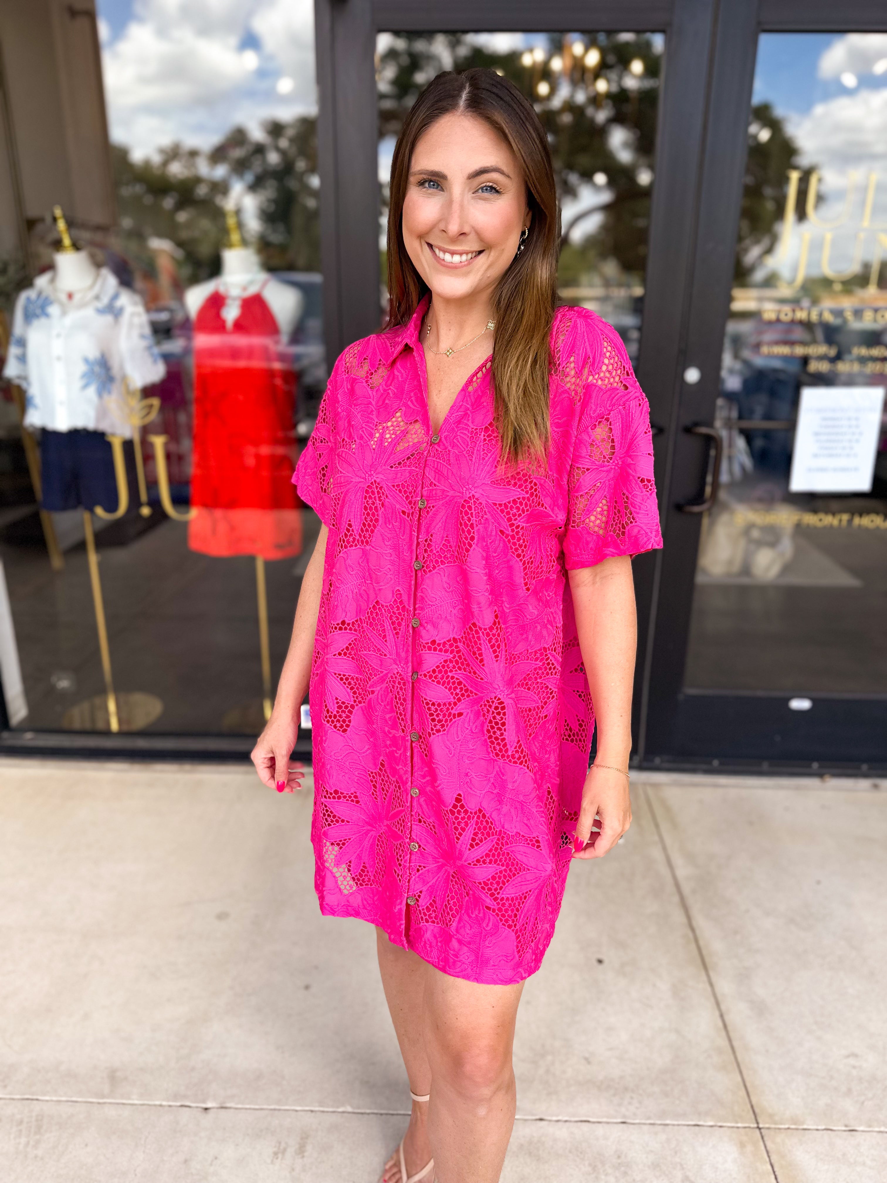 Hot Pink Lace Mini Dress-510 Mini-FATE-July & June Women's Fashion Boutique Located in San Antonio, Texas